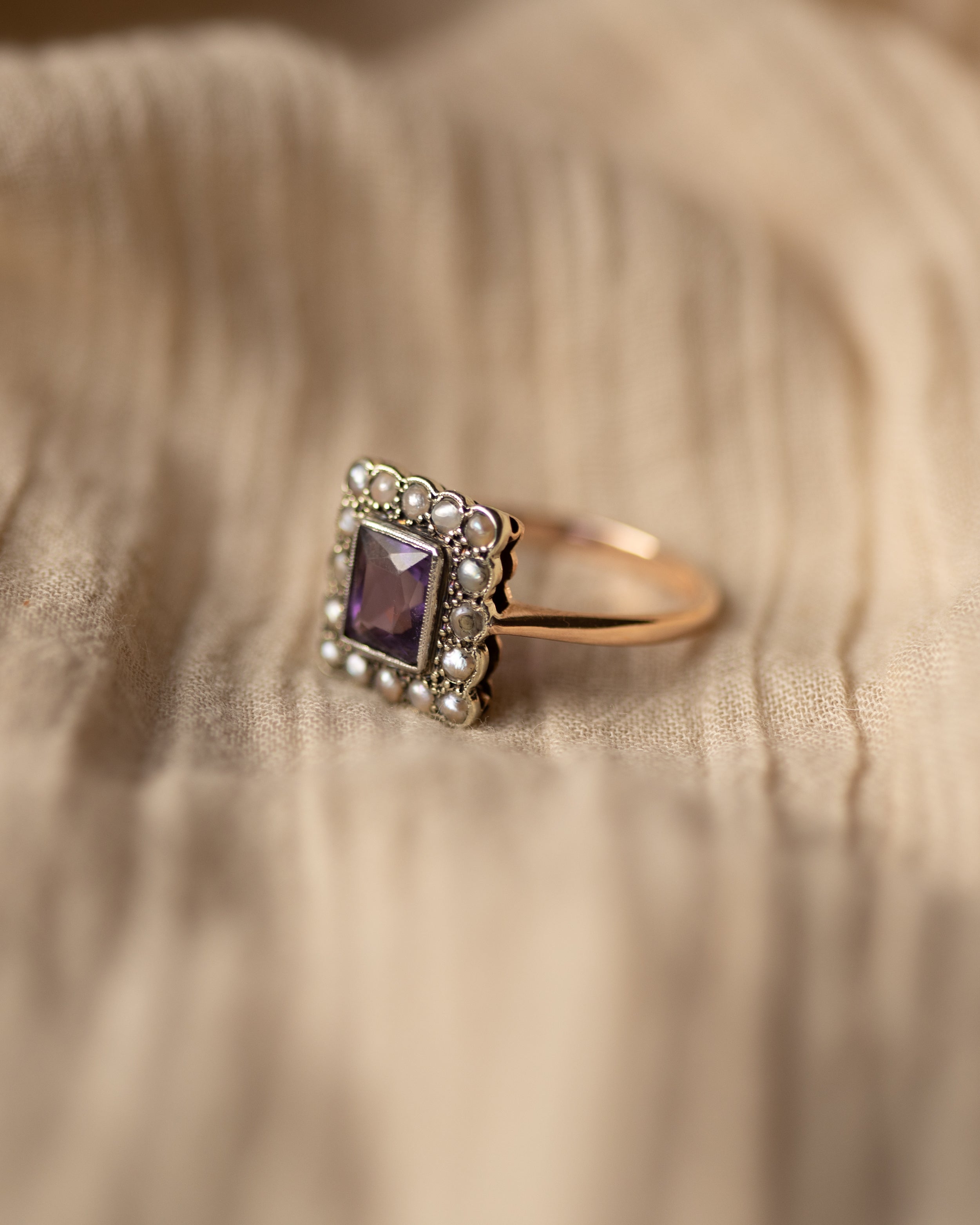 Ginny Vintage 9ct Gold Amethyst & Pearl Rectangular Cluster Ring