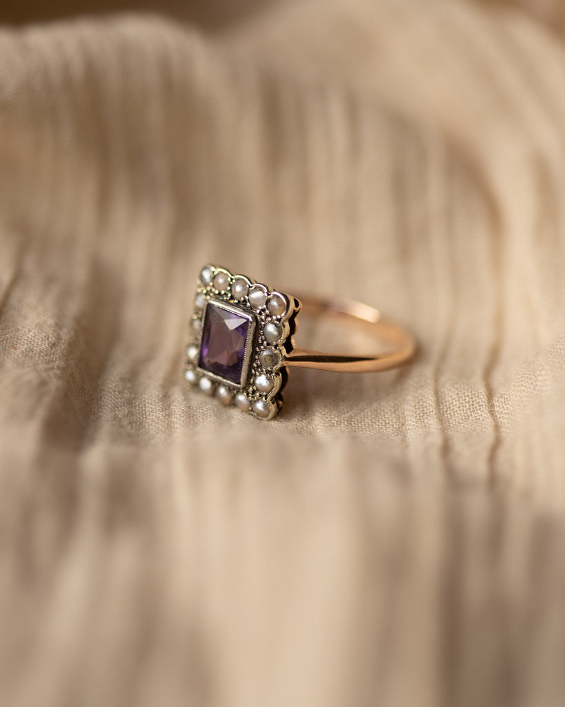 Ginny Vintage 9ct Gold Amethyst & Pearl Rectangular Cluster Ring