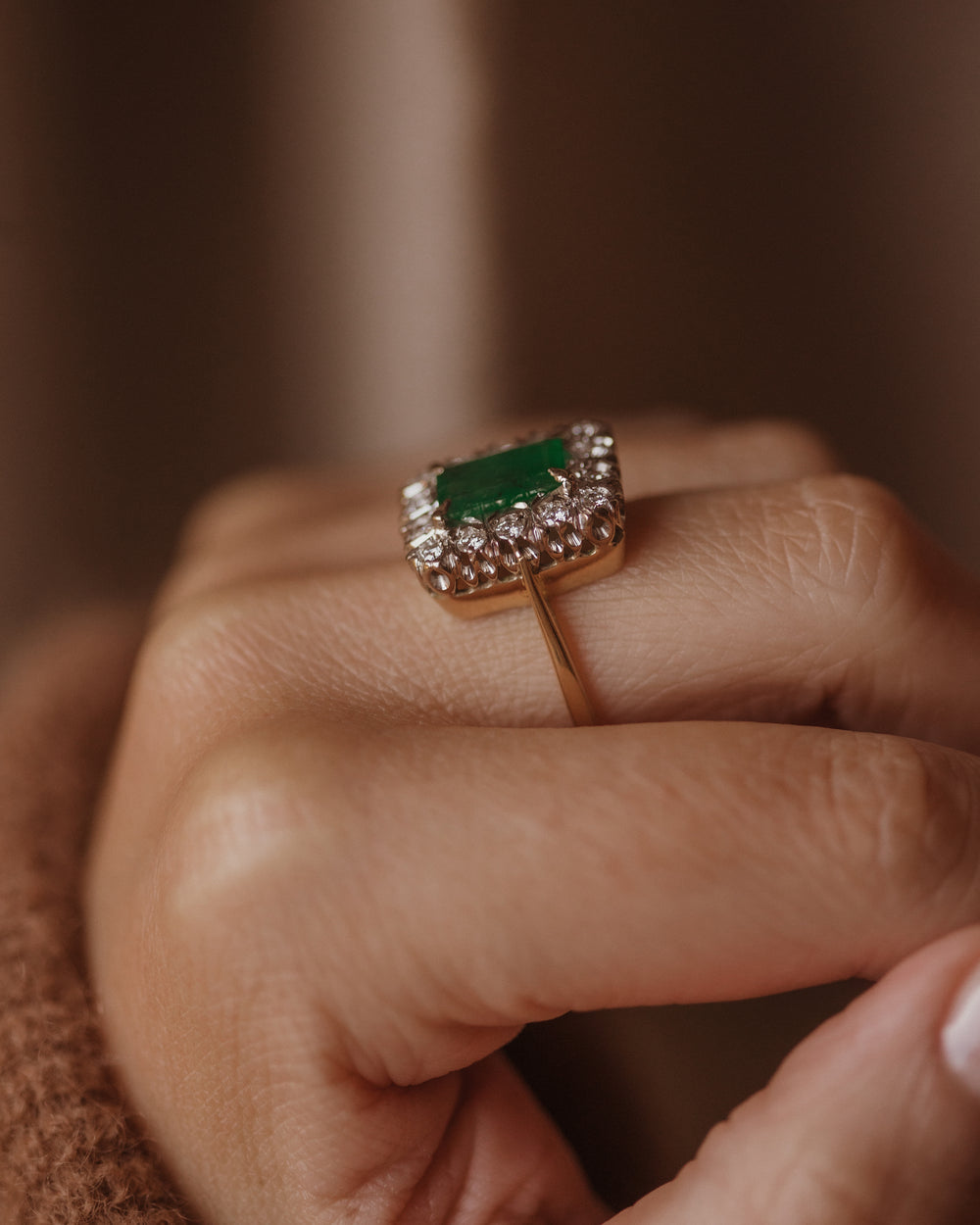 Josephine 1982 Vintage 18ct Gold Emerald & Diamond Rectangular Cluster Ring