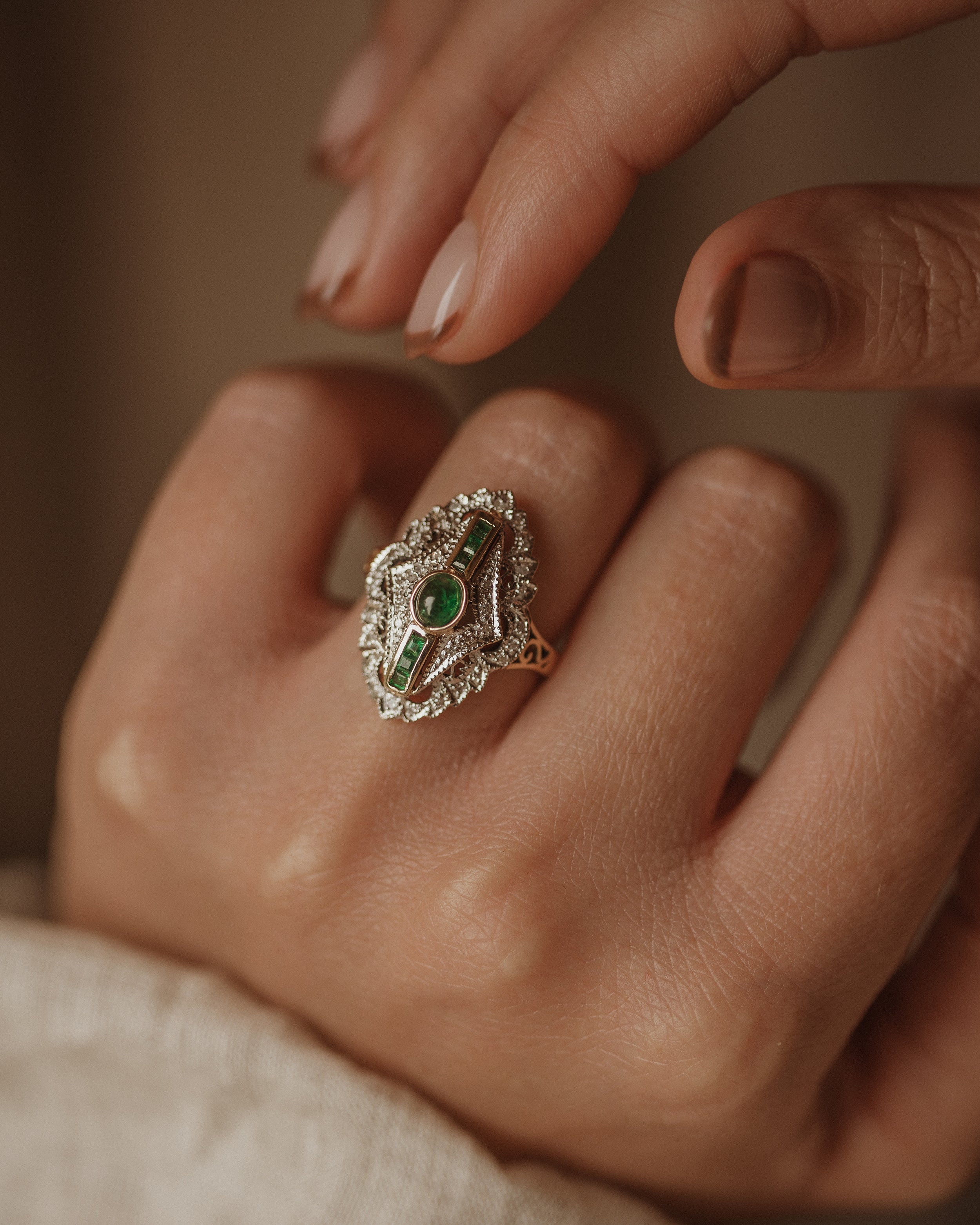 Marina Vintage 14ct Gold Emerald & Diamond Navette Ring