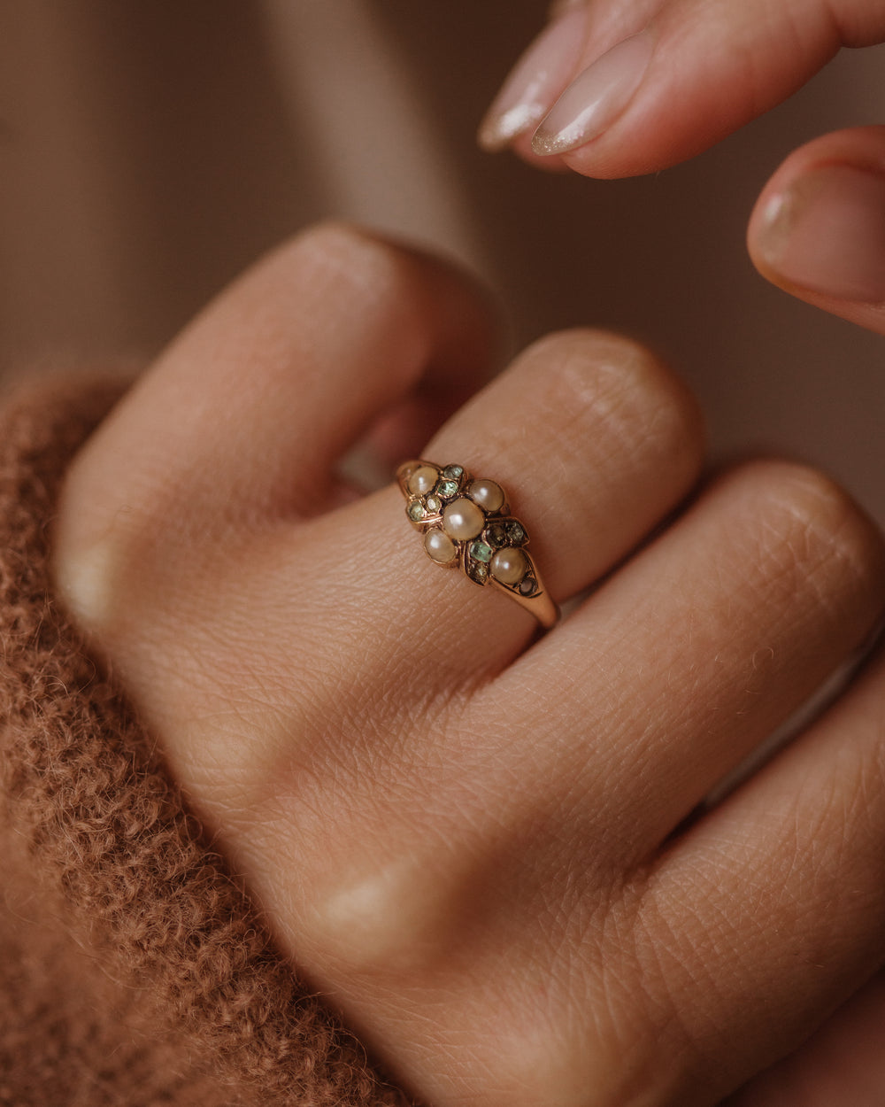 Myrtle Antique Victorian 9ct Gold Beryl & Pearl Cluster Ring