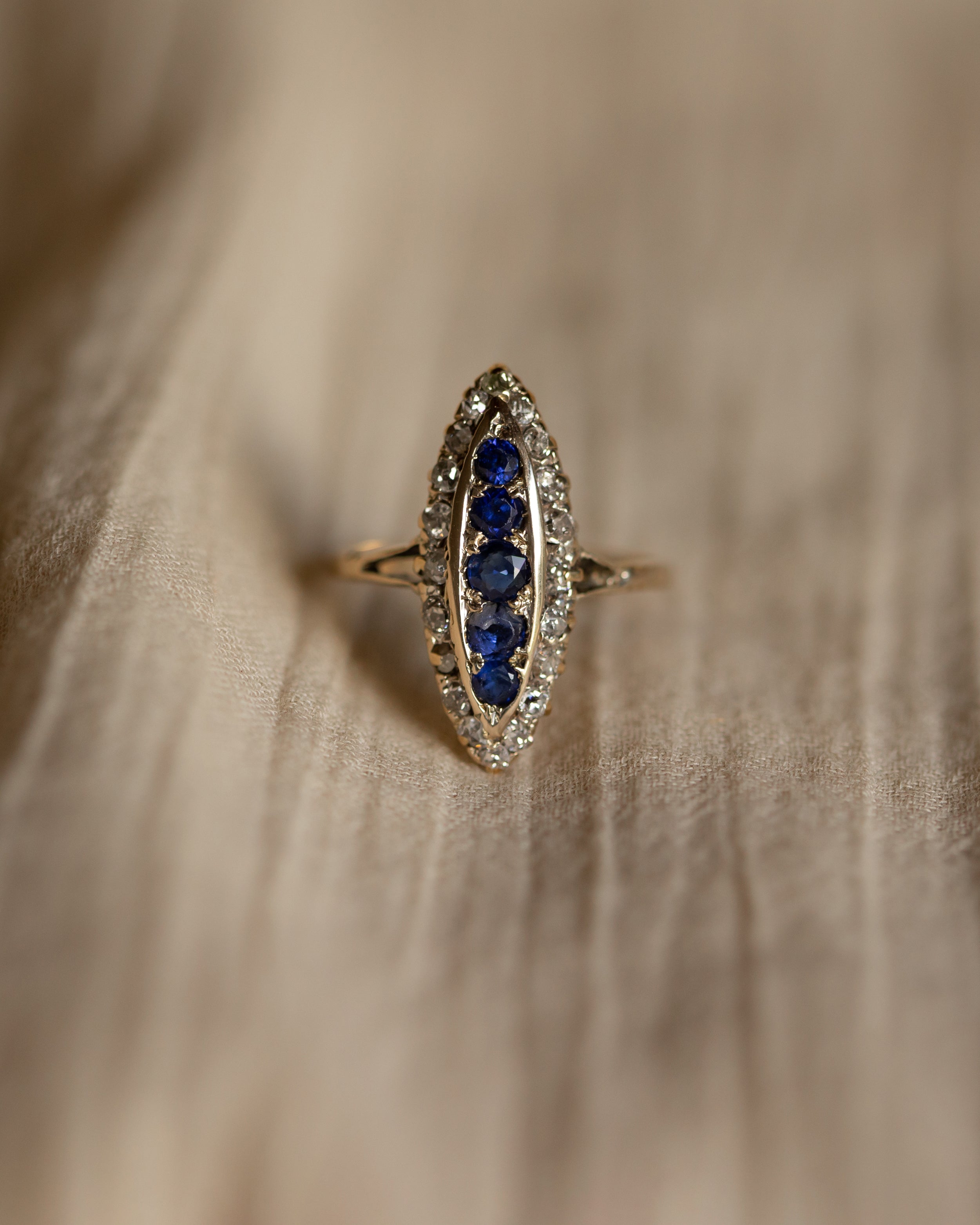 Image of Constance Antique 18ct Gold Sapphire & Diamond Navette Ring