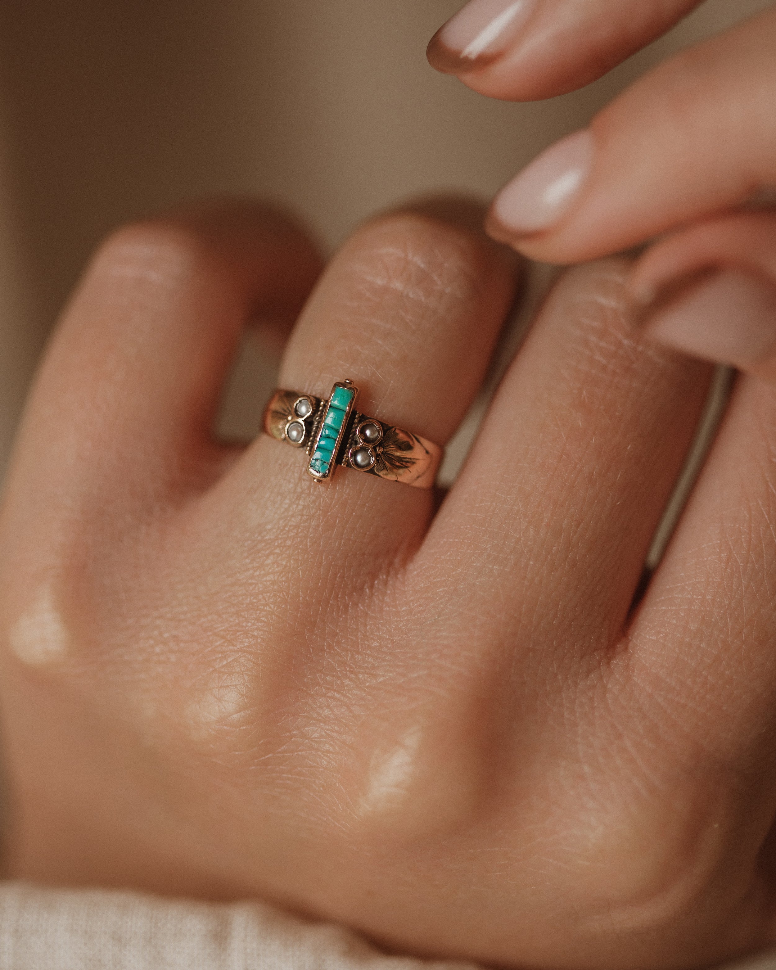 Bess Antique 9ct Gold Turquoise & Pearl Ring