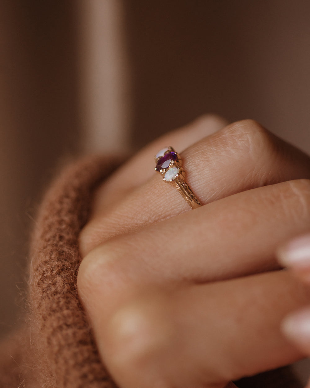 Norma Vintage 9ct Gold Amethyst & Opal Trilogy Ring