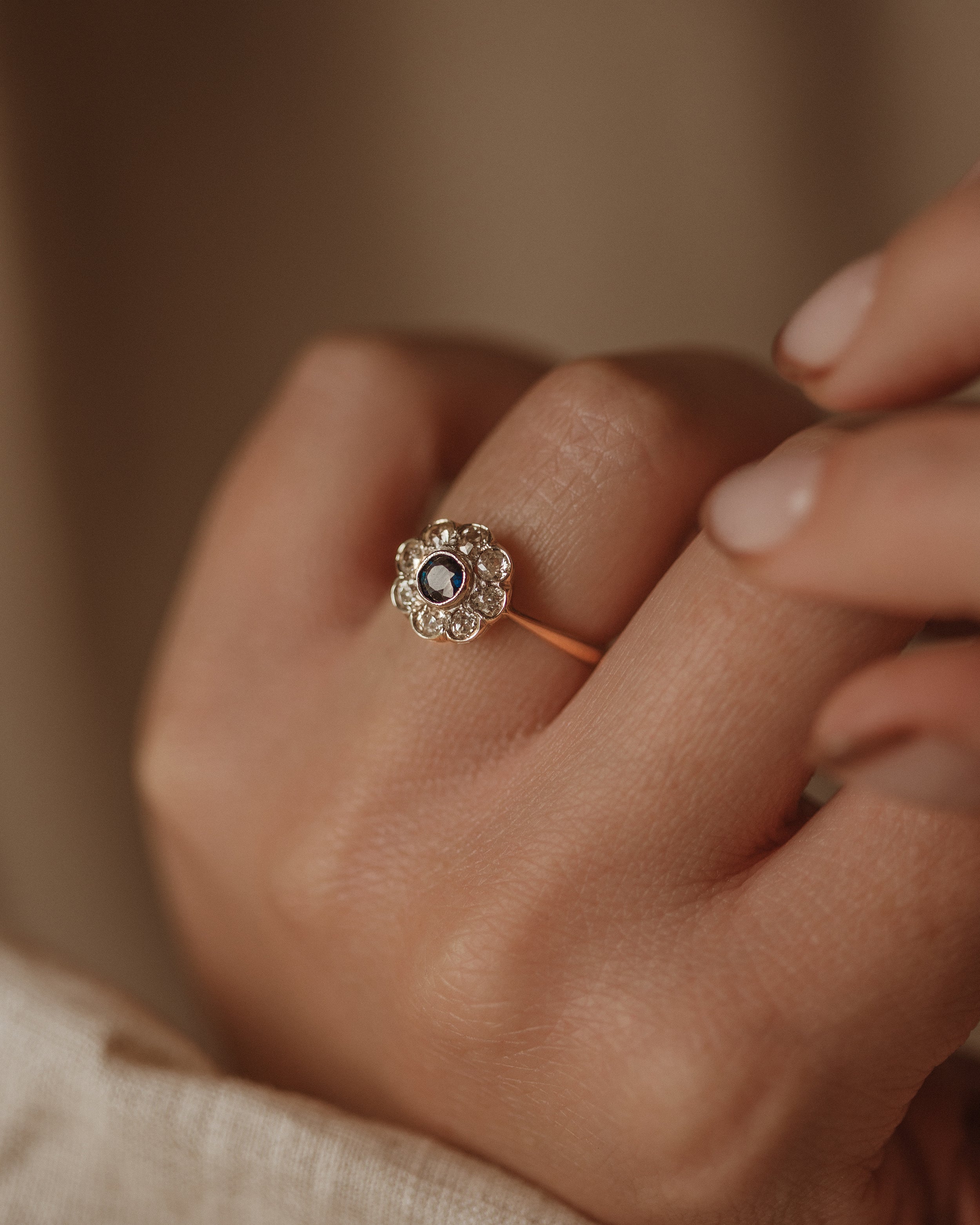 Image of Emilie Antique 9ct Gold Sapphire & Diamond Cluster Ring