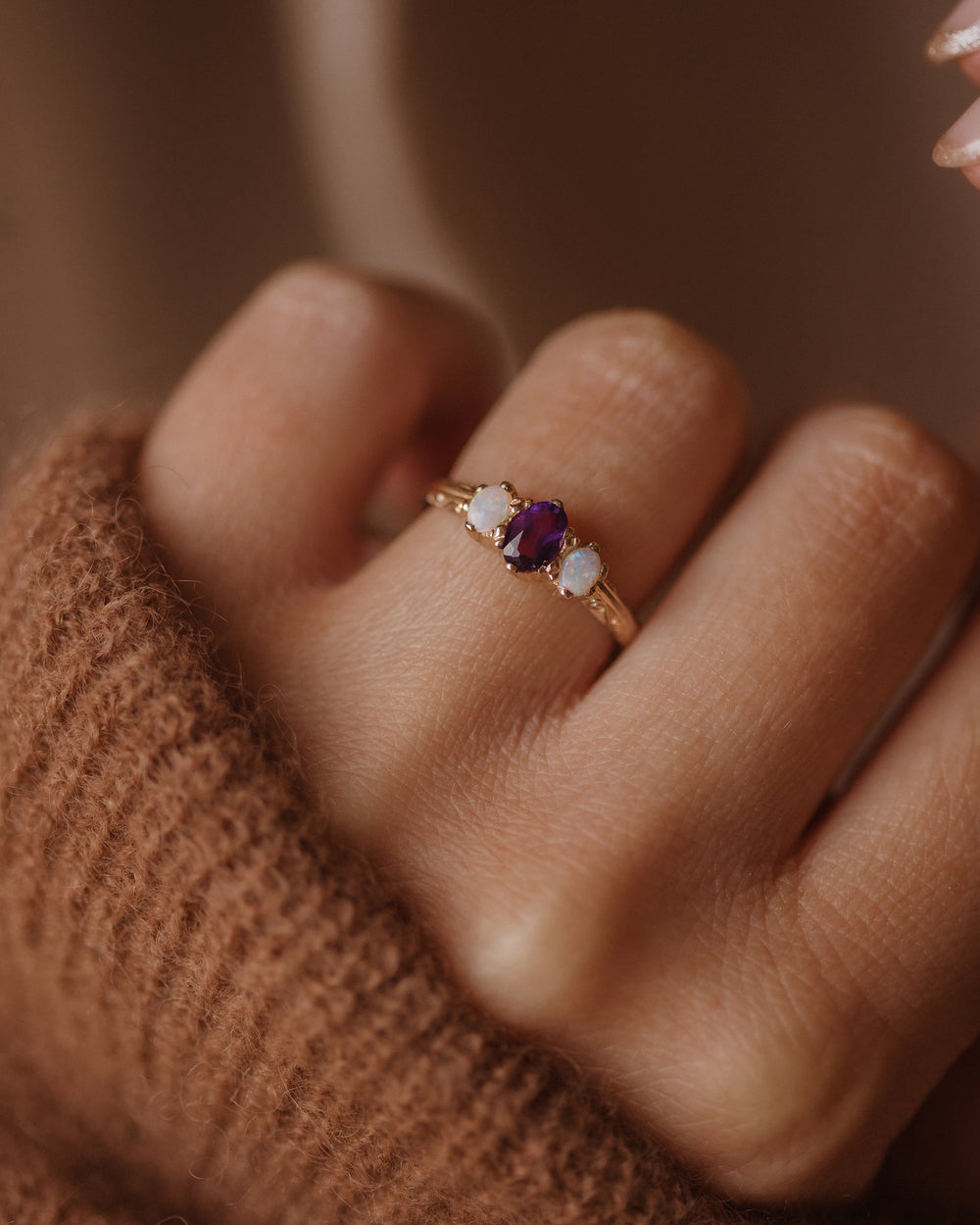 Norma Vintage 9ct Gold Amethyst & Opal Trilogy Ring