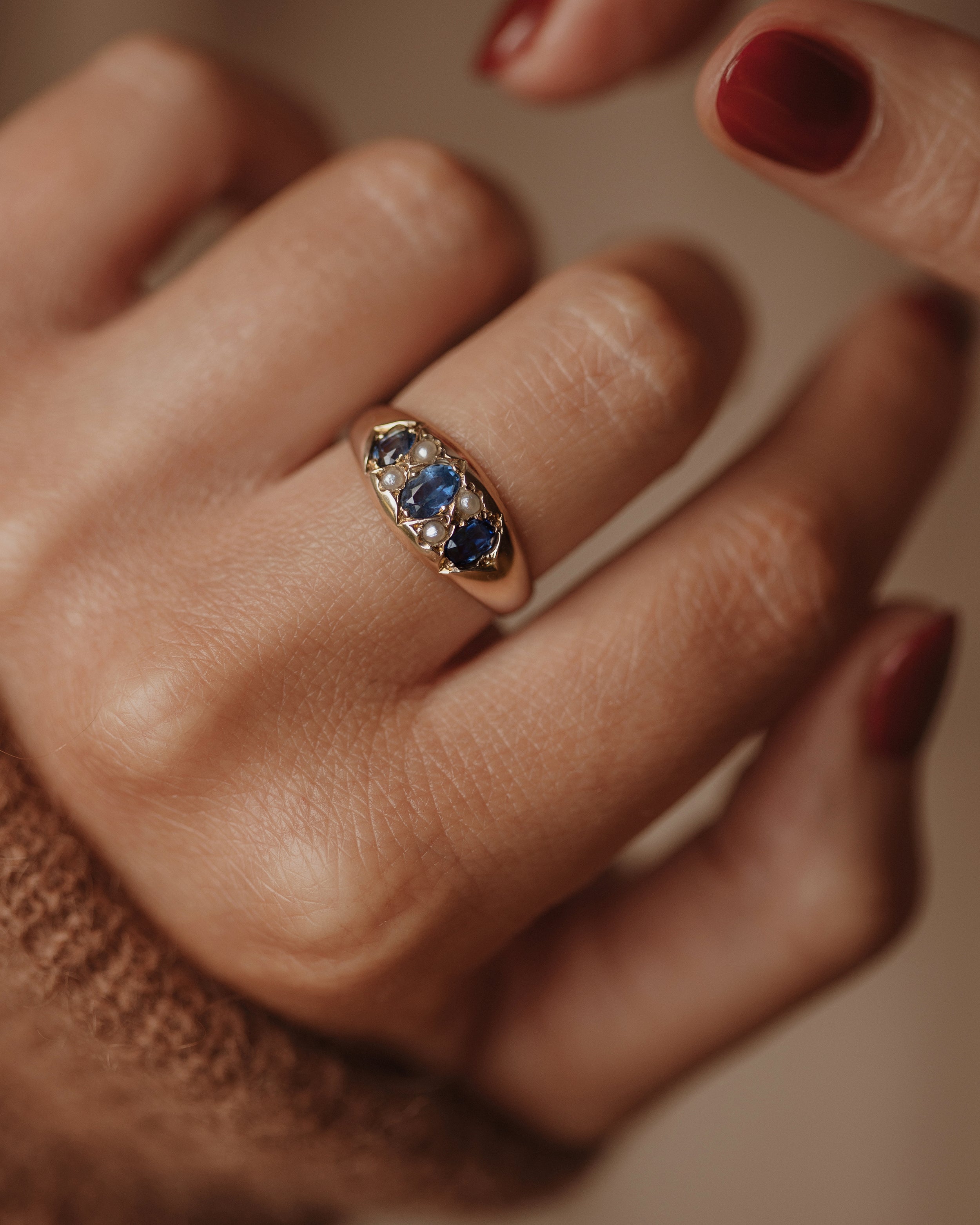 Image of Mae Antique 10ct Gold Sapphire & Pearl Seven Stone Ring