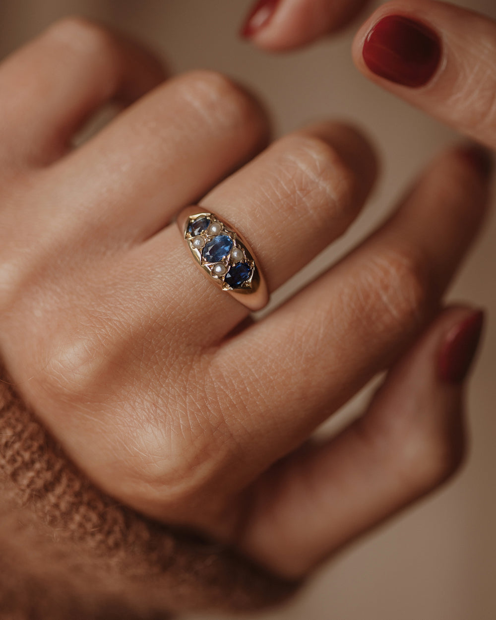 Mae Antique 10ct Gold Sapphire & Pearl Seven Stone Ring
