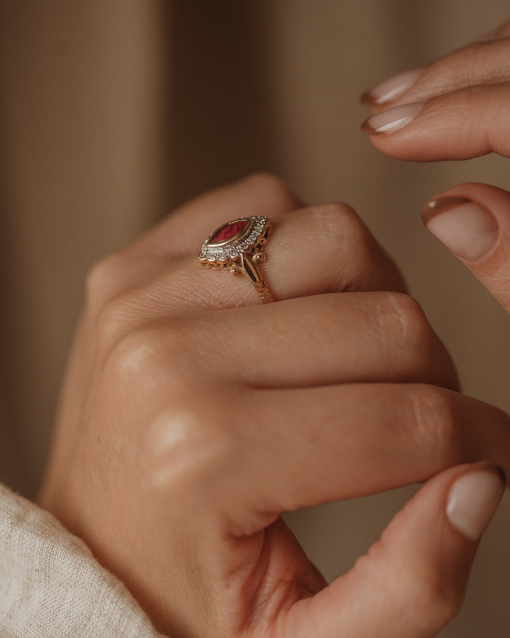 Irina Vintage 9ct Gold Ruby & Diamond Marquise Cluster Ring