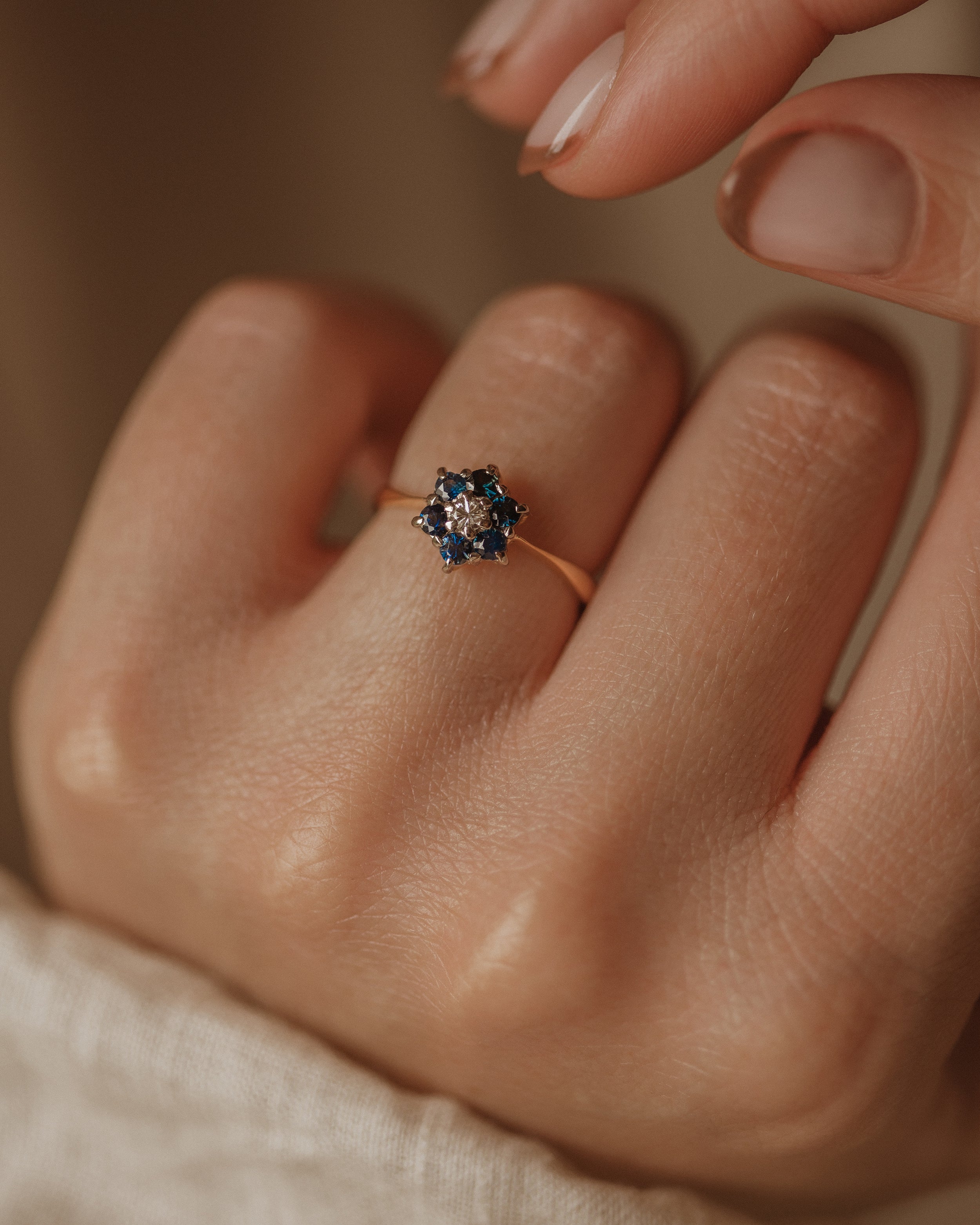 Mary 1965 Vintage 18ct Gold Sapphire & Diamond Flower Cluster Ring