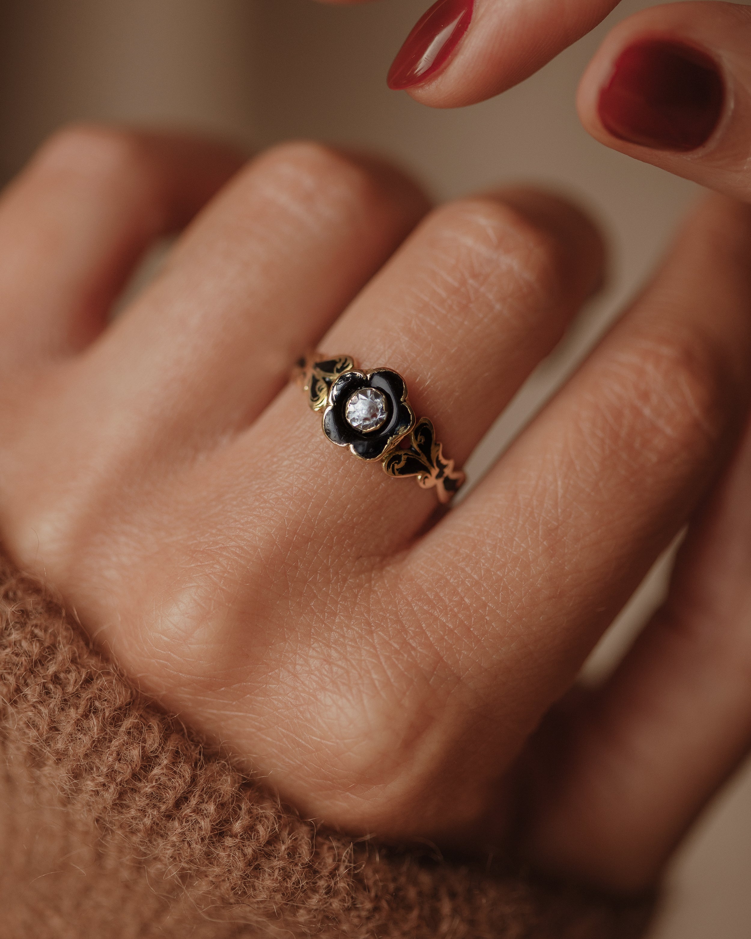 Euphemia 1854 Antique 18ct Gold Enamel & Paste Flower Mourning Ring