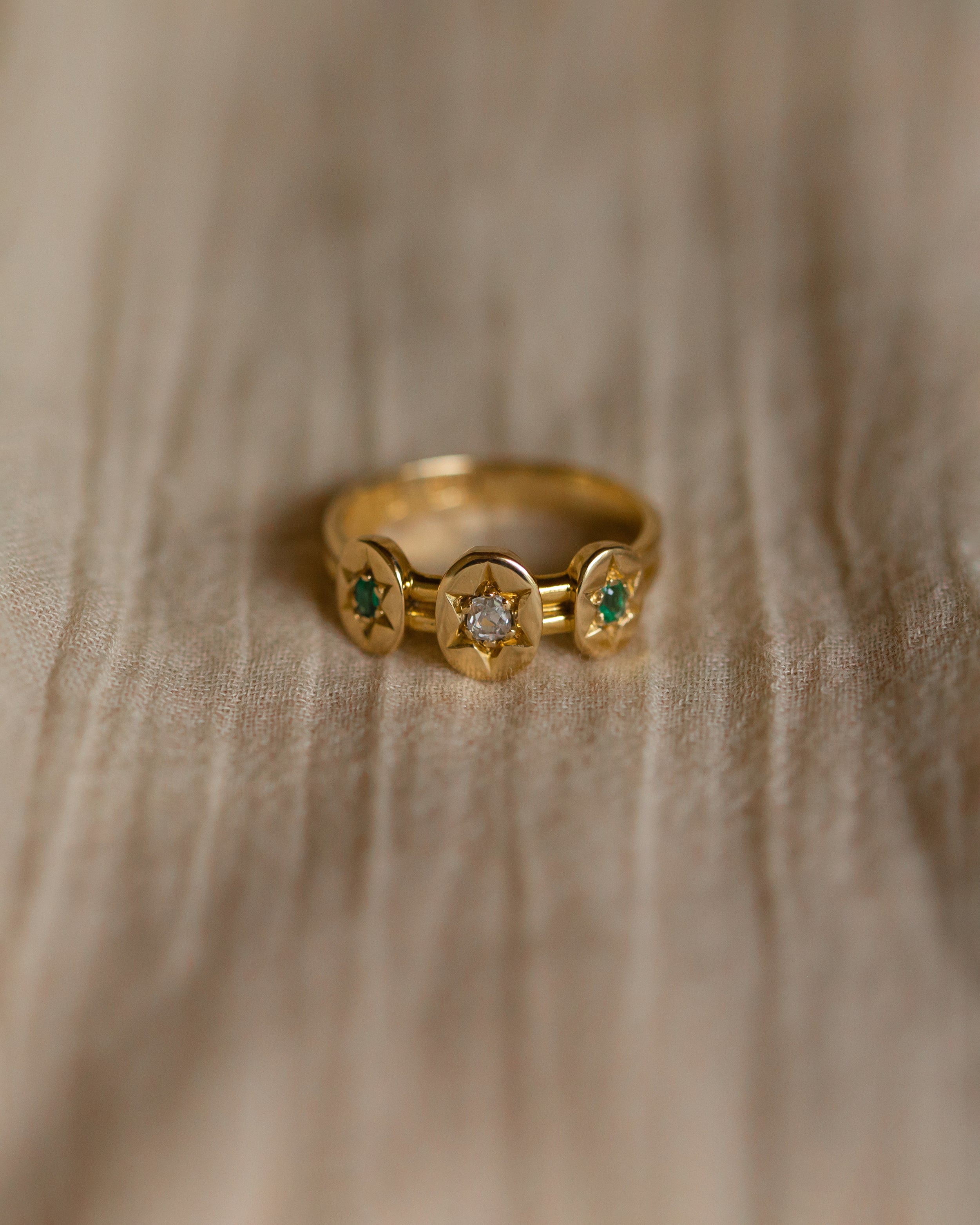 Marjorie Antique 18ct Gold Emerald & Diamond Star Set Trilogy Ring