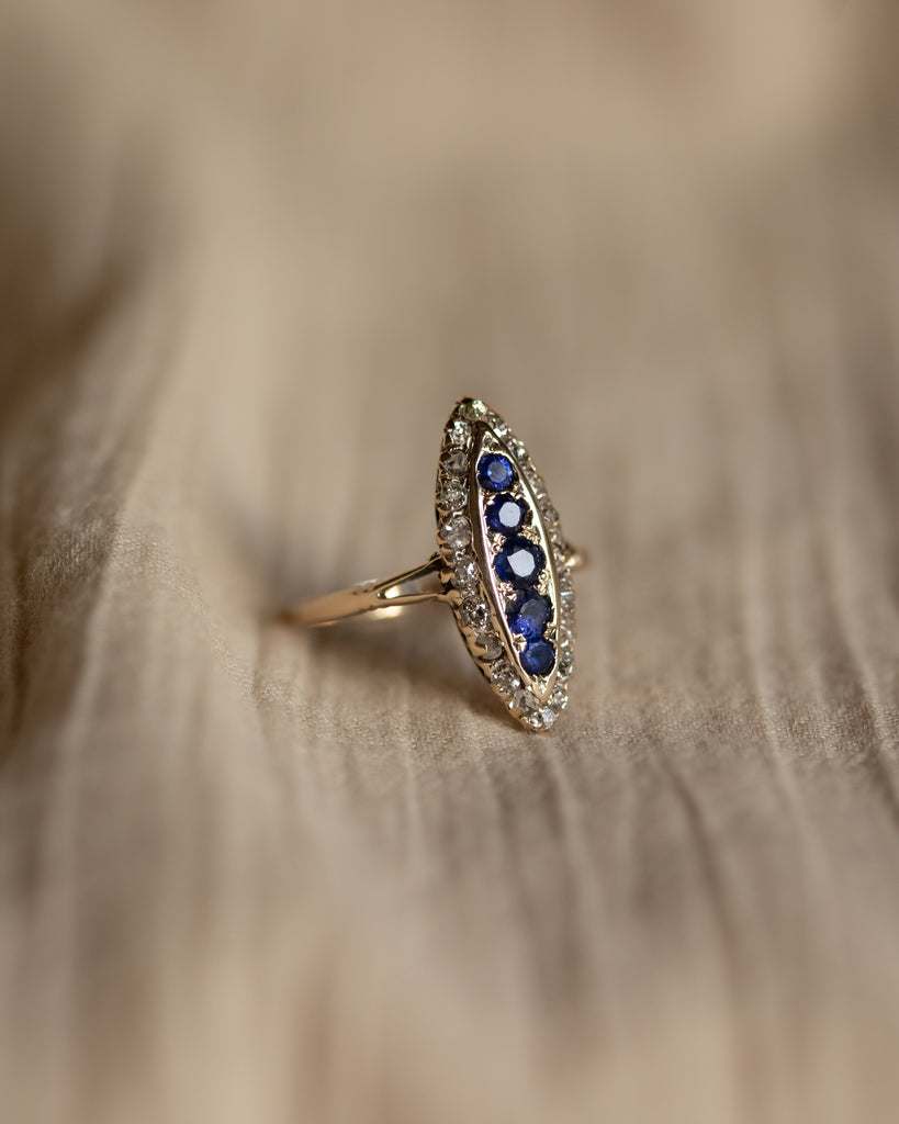 Constance Antique 18ct Gold Sapphire & Diamond Navette Ring