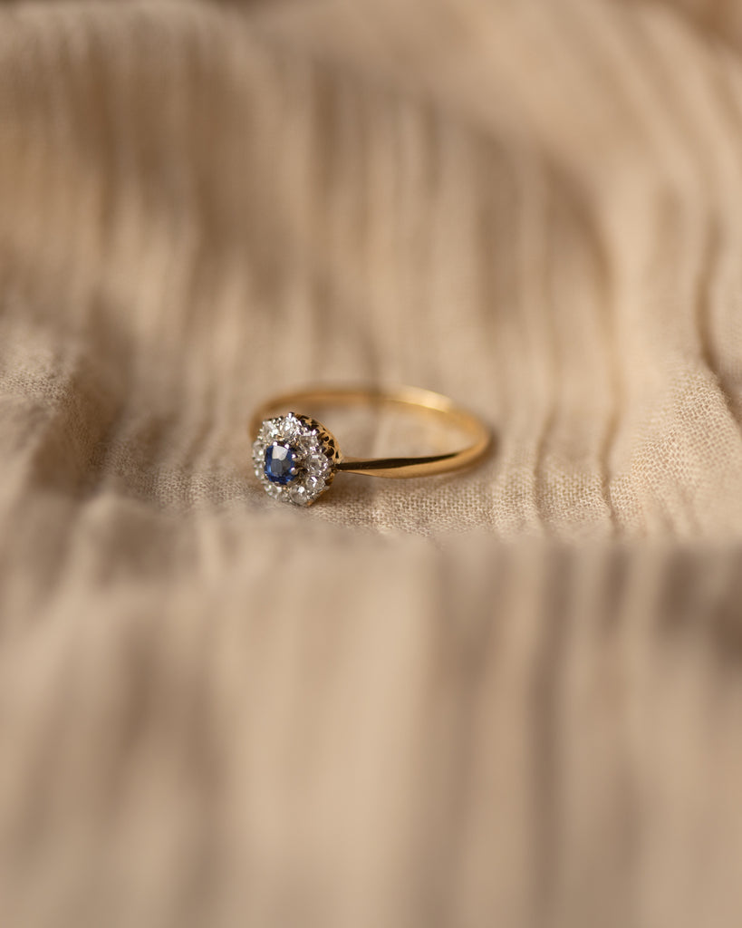 Grace Antique Edwardian 18ct Gold Sapphire & Diamond Cluster Ring