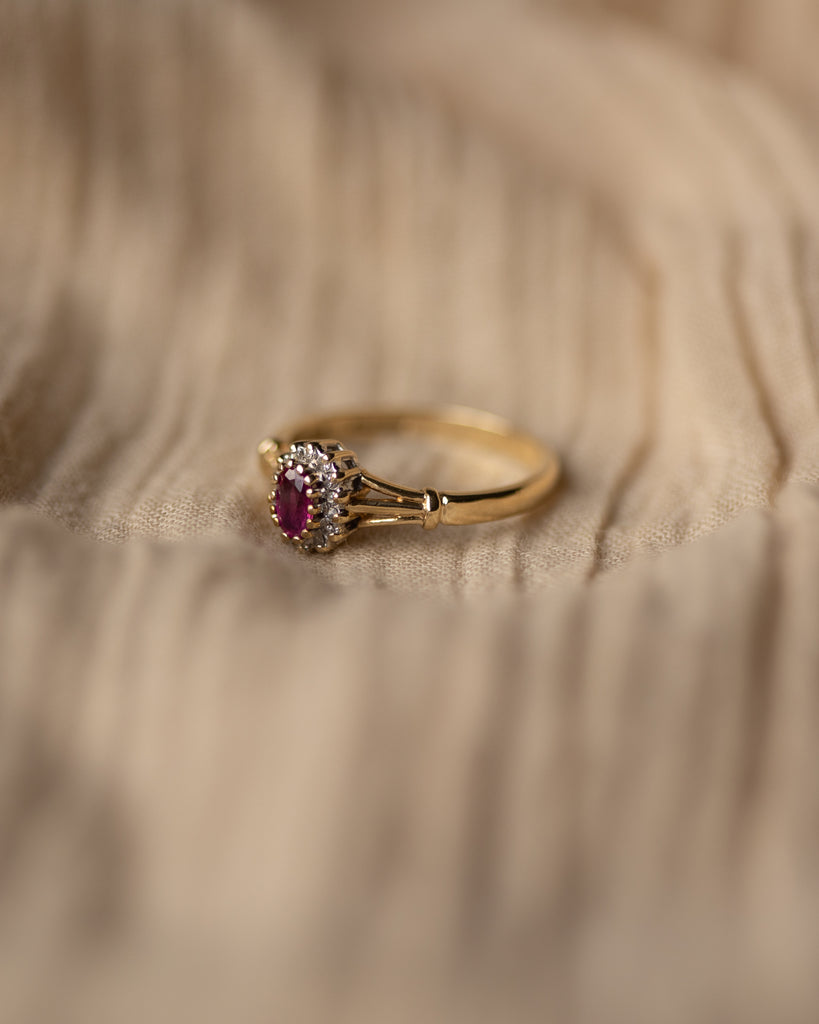 Birdie Vintage 9ct Gold Ruby & Diamond Cluster Ring