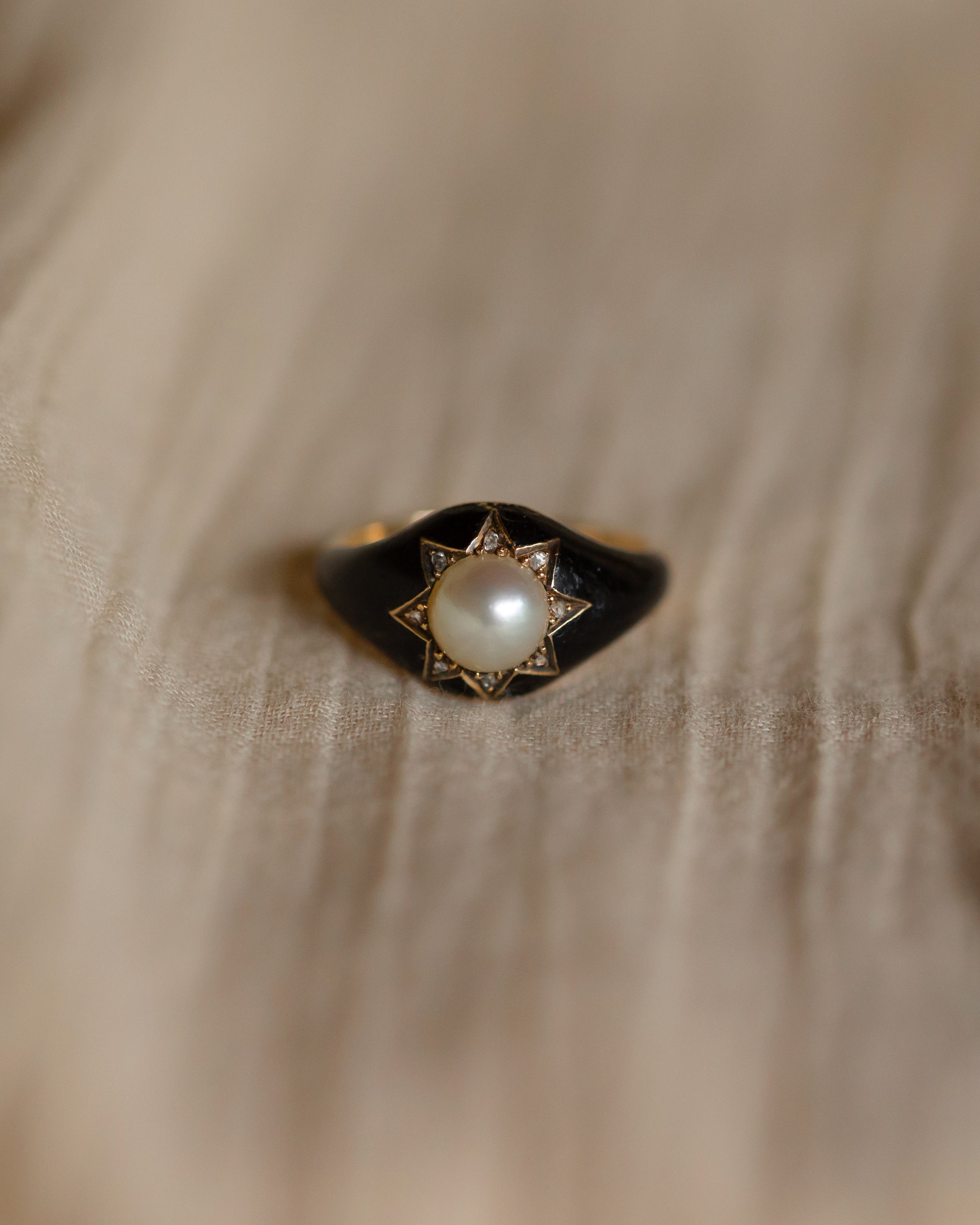 Sybil 1869 Antique 18ct Gold Pearl, Diamond & Black Enamel Mourning Ring