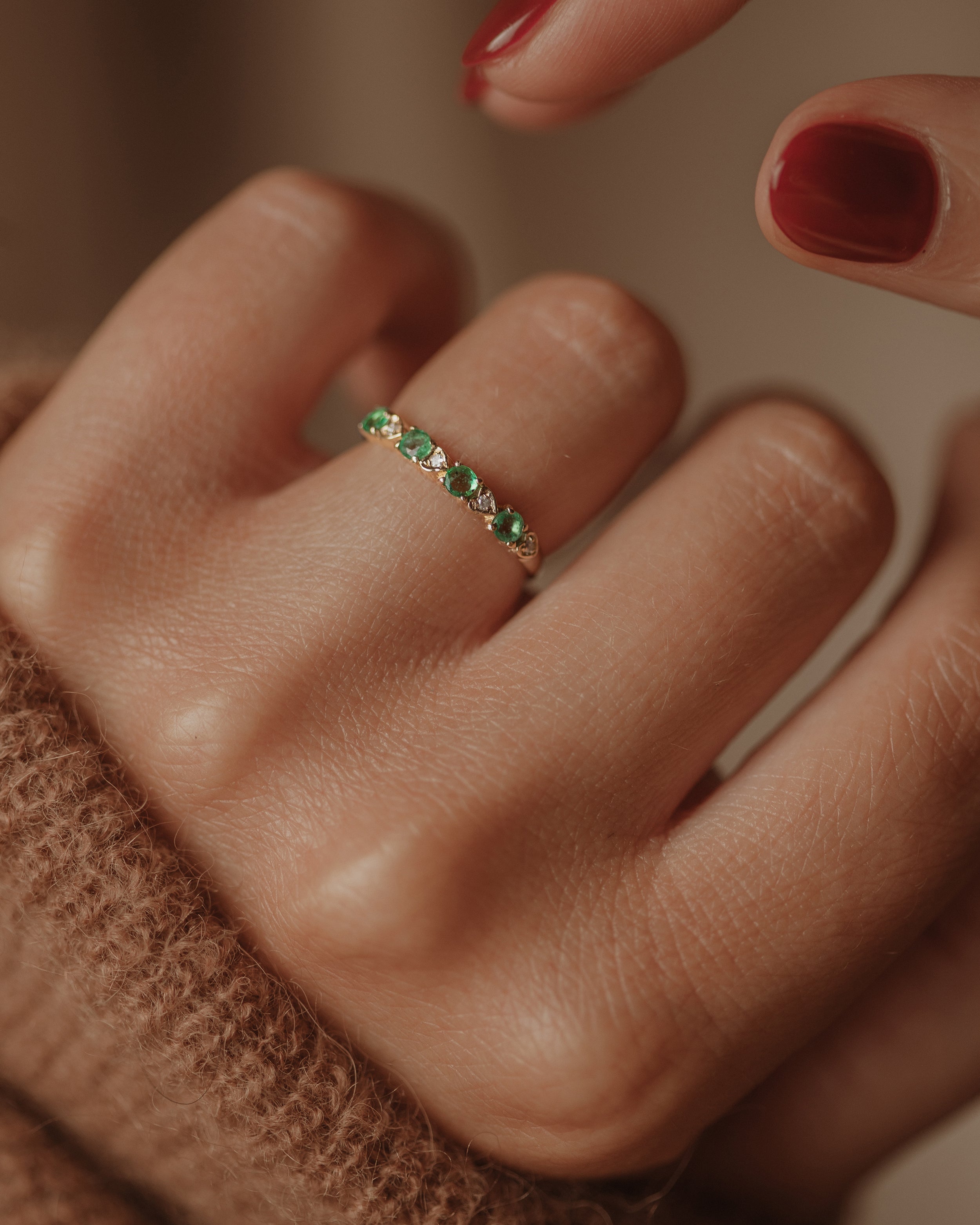 Image of Flossie 1989 Vintage 9ct Gold Emerald & Diamond Half Eternity Ring