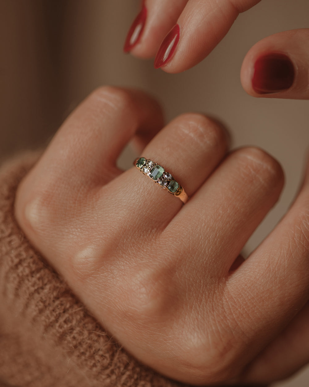 Honora Antique 9ct Gold Beryl & Diamond Seven Stone Ring