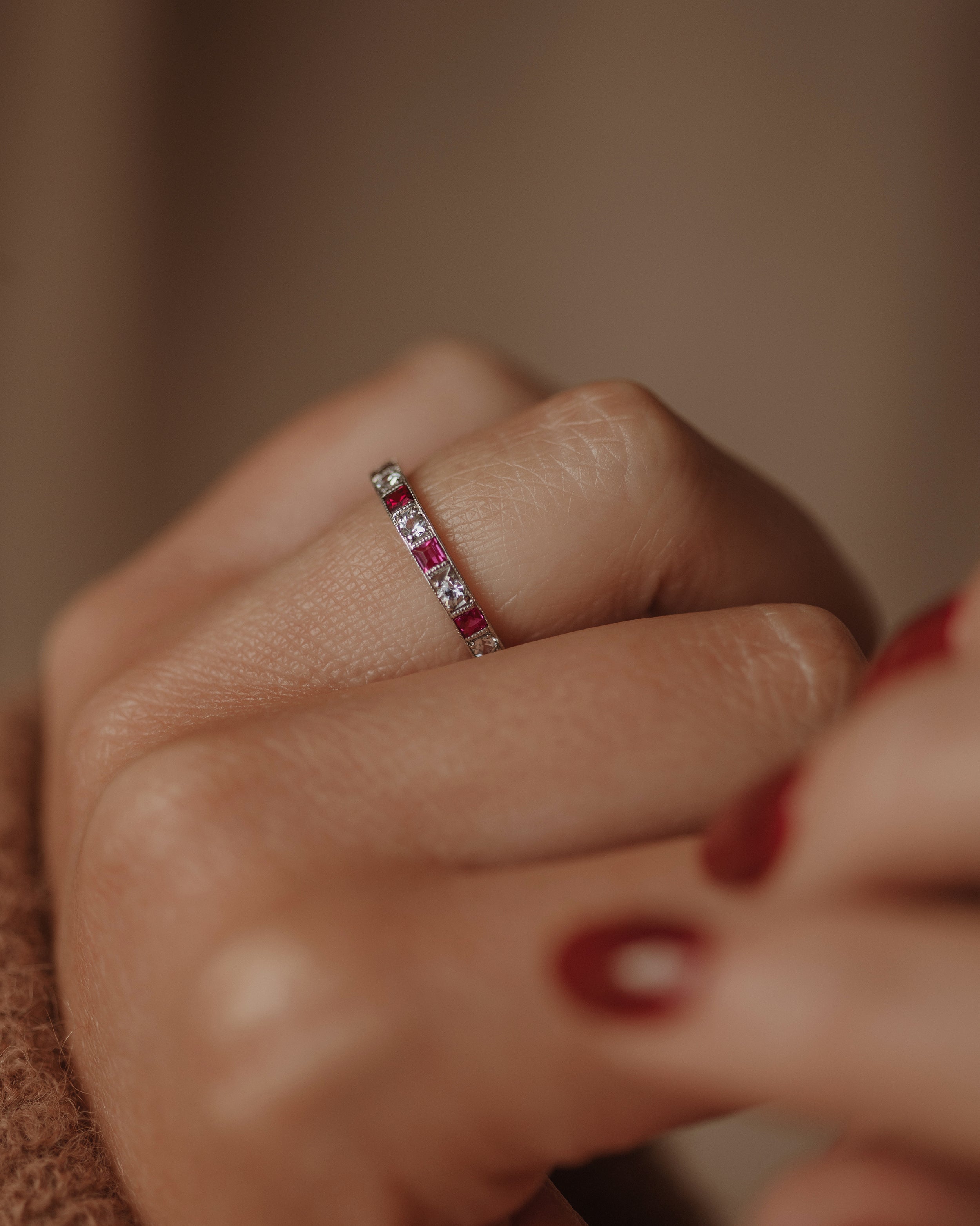 Image of Georgette Antique Art Deco 9ct White Gold Ruby & Paste Full Eternity Ring