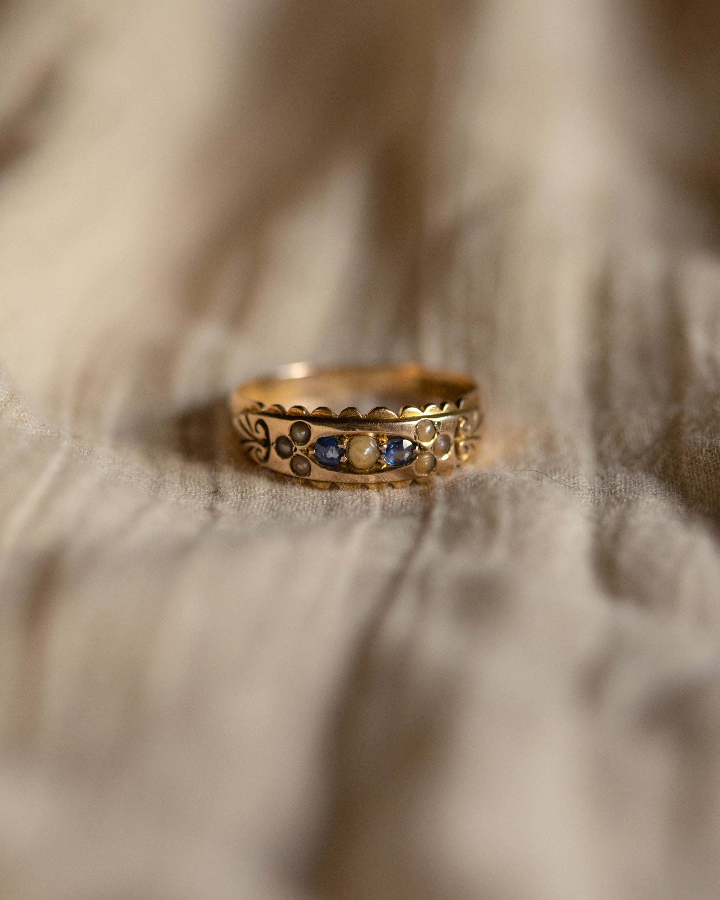 Image of Elisabeth 1894 Victorian Antique 15ct Gold Sapphire & Pearl Ring