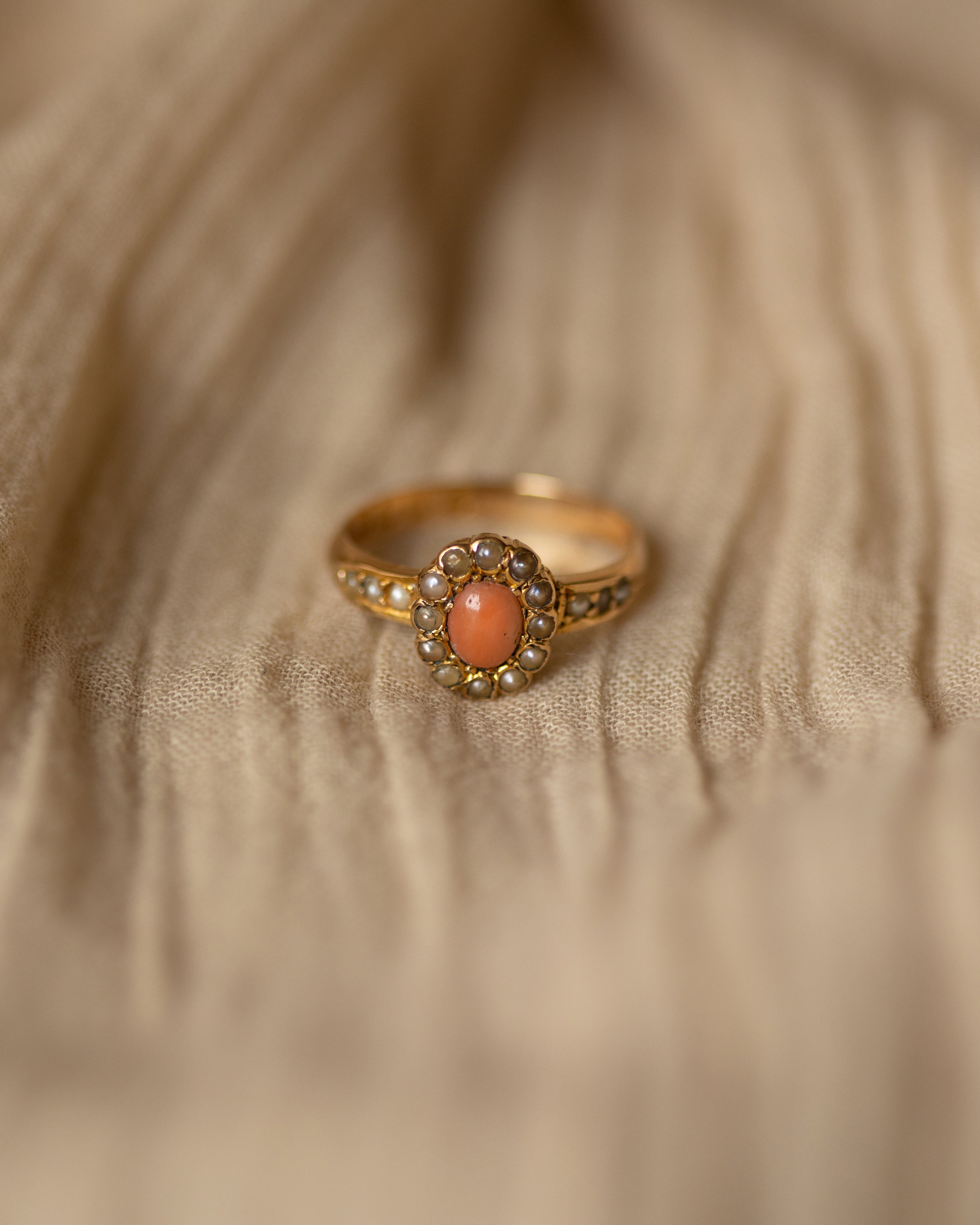 Clementine 1888 Antique 18ct Gold Coral & Pearl Cluster Ring
