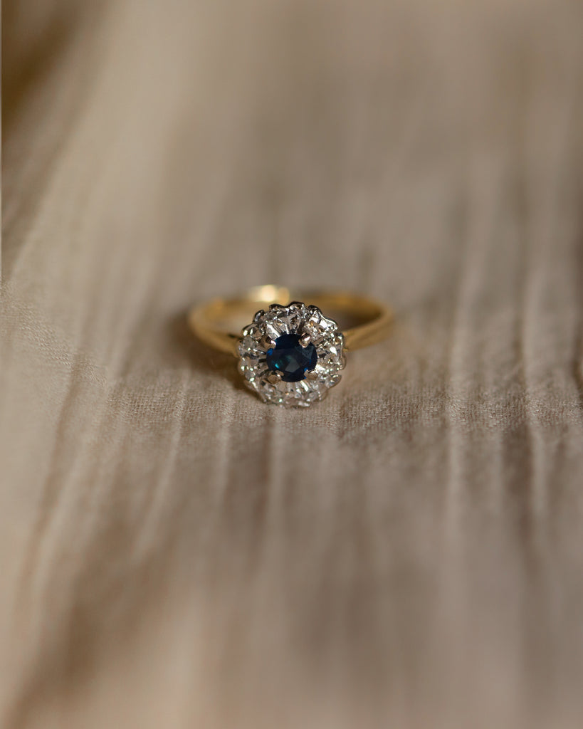 Norah 1969 Vintage 18ct Gold Sapphire & Diamond Cluster Ring