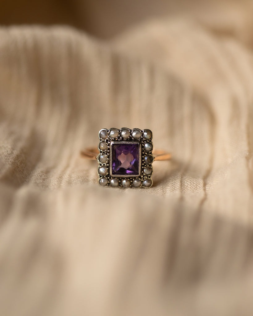 Ginny Vintage 9ct Gold Amethyst & Pearl Rectangular Cluster Ring
