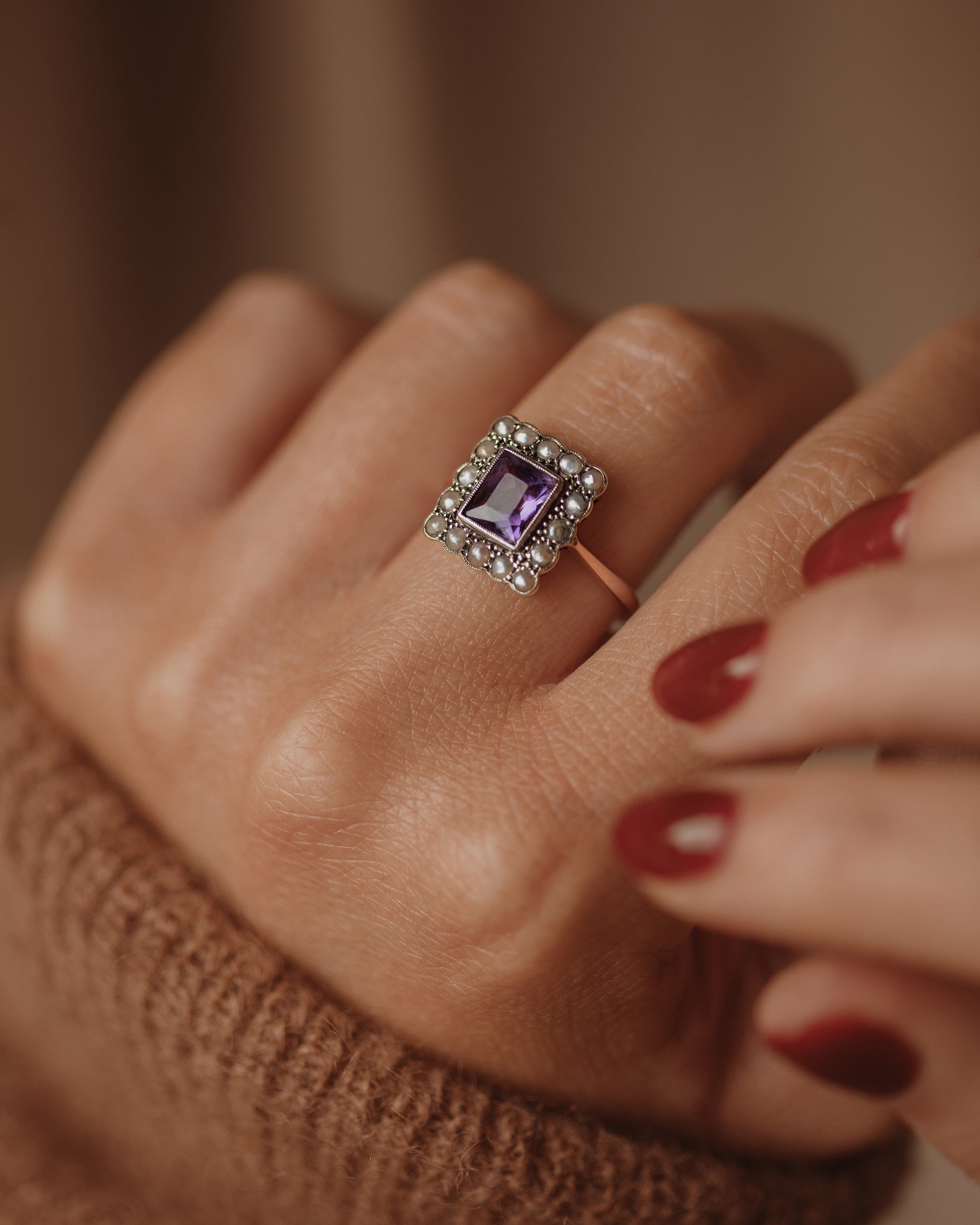 Image of Ginny Vintage 9ct Gold Amethyst & Pearl Rectangular Cluster Ring