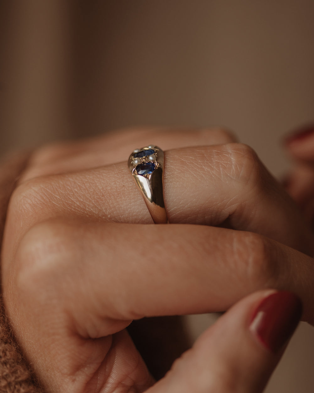 Mae Antique 10ct Gold Sapphire & Pearl Seven Stone Ring