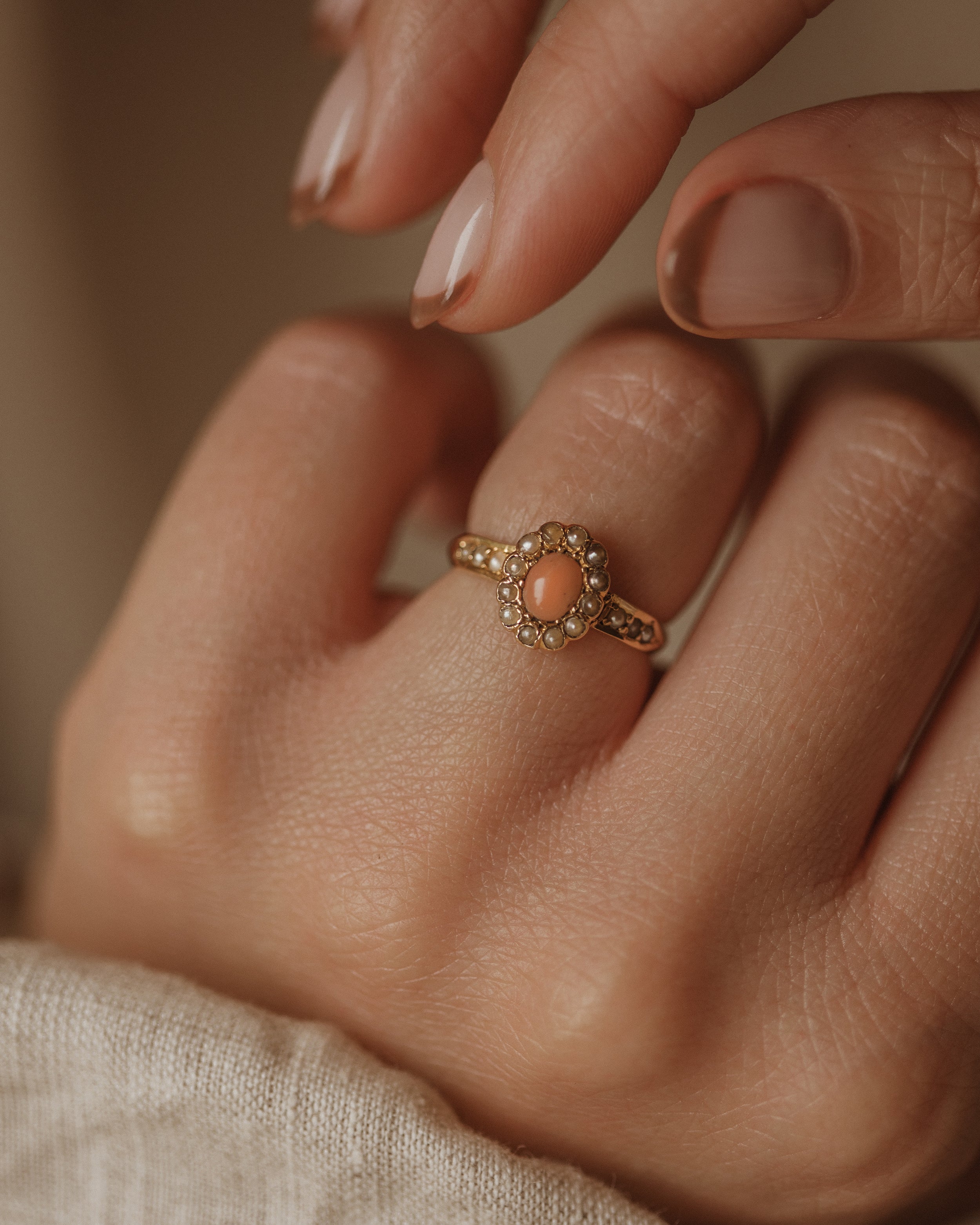 Clementine 1888 Antique 18ct Gold Coral & Pearl Cluster Ring