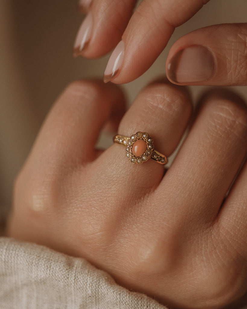 Clementine 1888 Antique 18ct Gold Coral & Pearl Cluster Ring