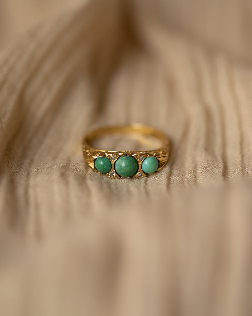 Irene 1975 Vintage 18ct Gold Turquoise & Diamond Trilogy Ring