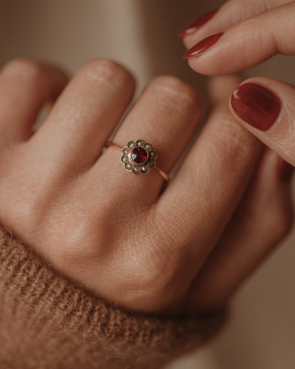 Ethel 1919 9ct Gold Garnet & Pearl Flower Cluster Ring