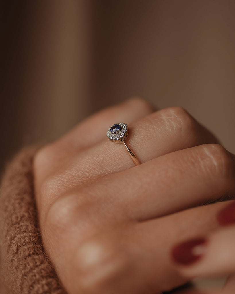 Grace Antique Edwardian 18ct Gold Sapphire & Diamond Cluster Ring