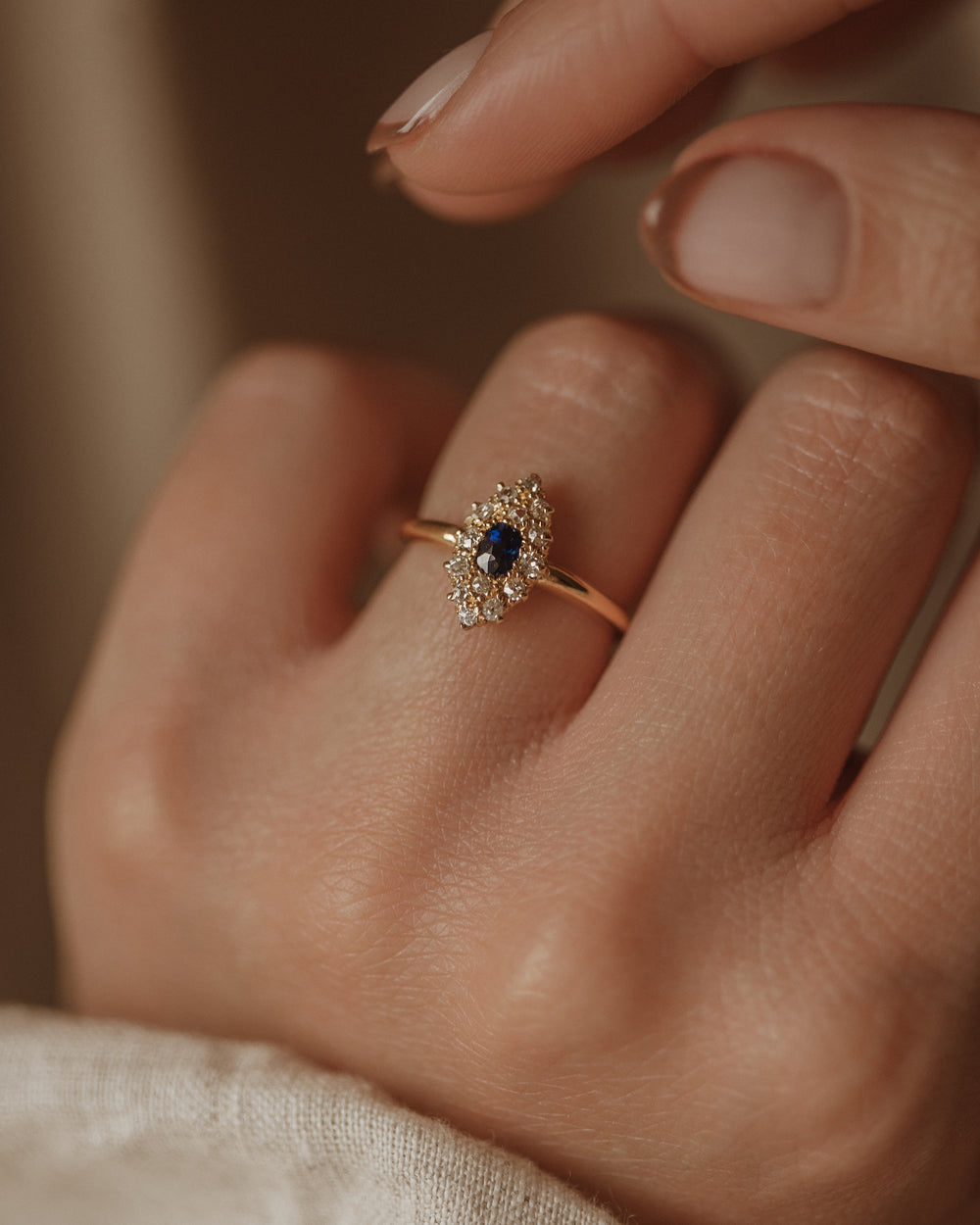 Martha 1918 18ct Gold Sapphire & Diamond Navette Ring