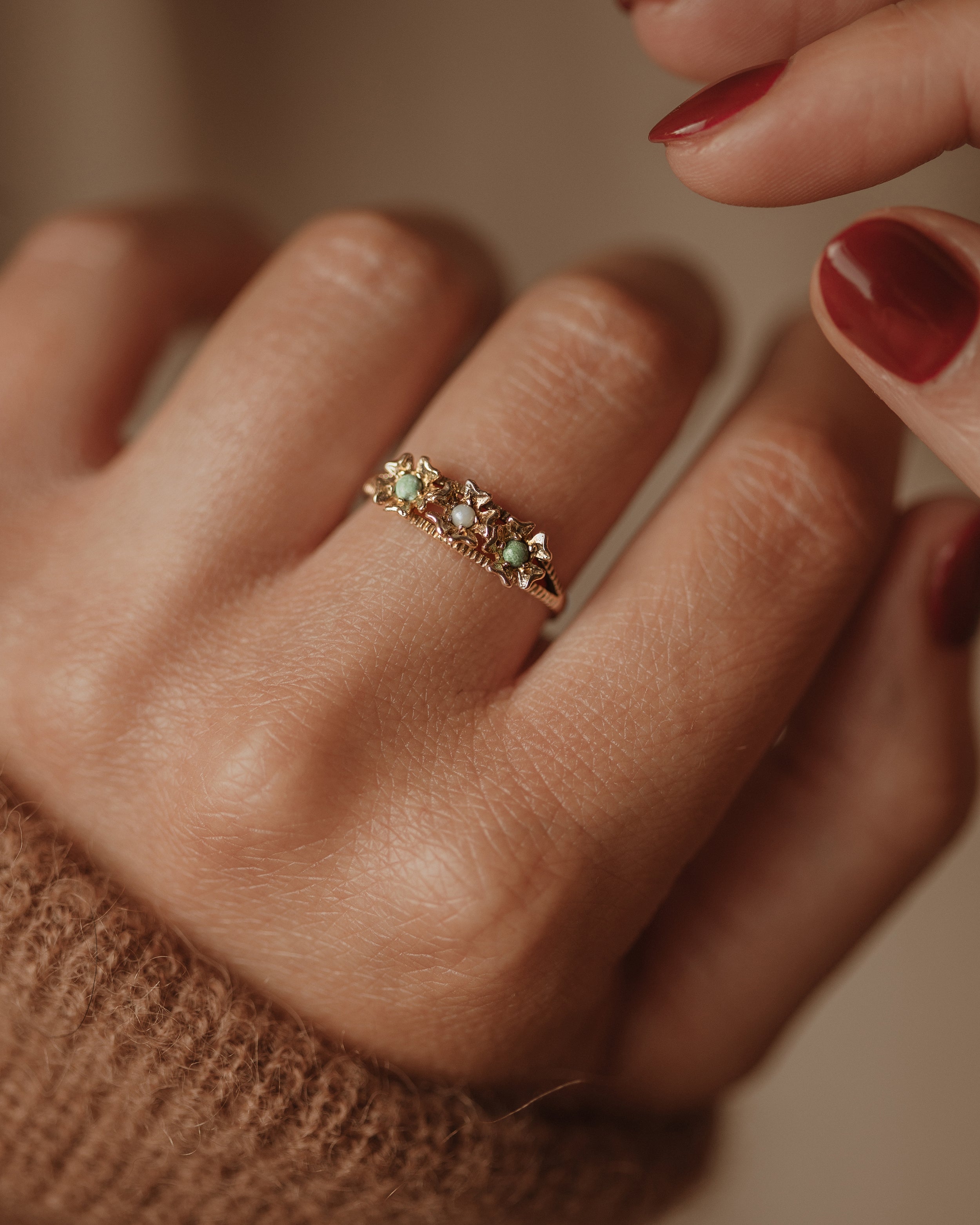Image of Gretchen 1969 Vintage 9ct Gold Pearl & Turquoise Flower Ring