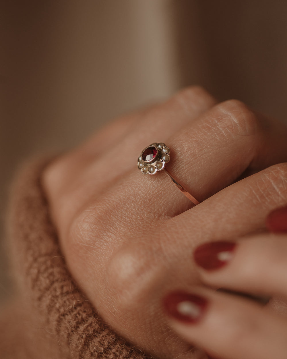 Ethel 1919 9ct Gold Garnet & Pearl Flower Cluster Ring