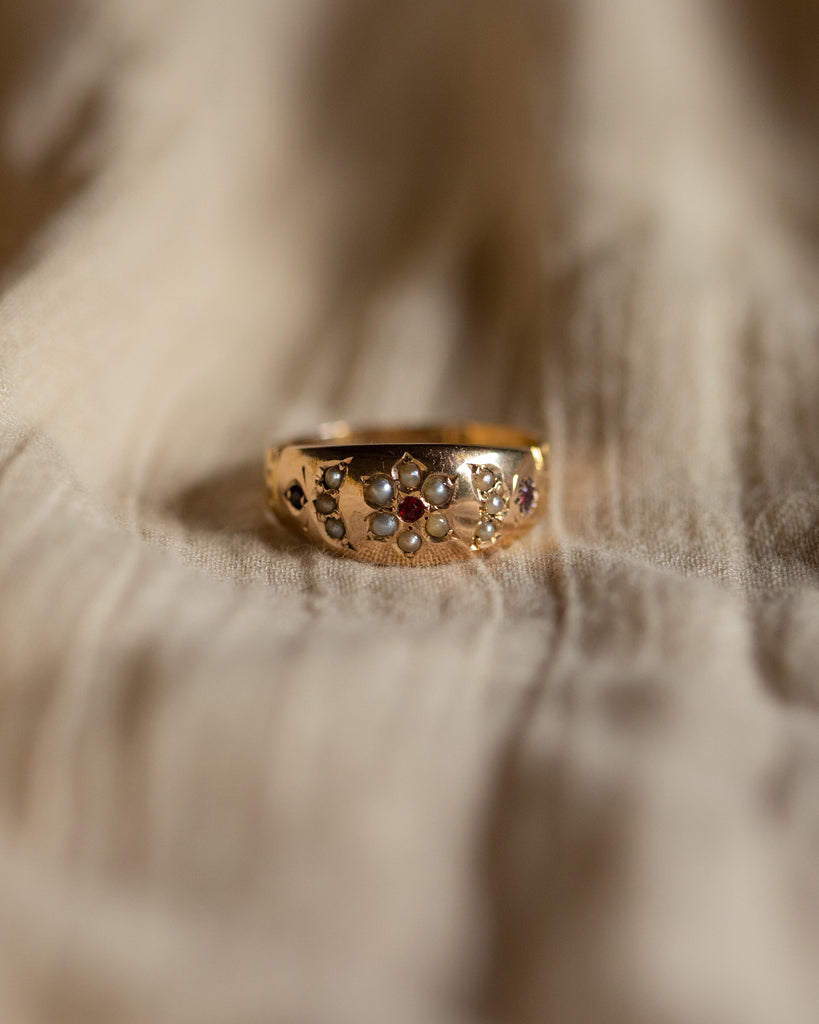 Magdalena 1890 Antique 15ct Gold Garnet & Pearl Ring