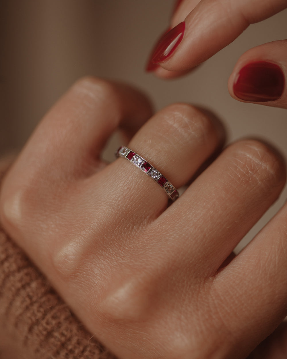 Georgette Antique Art Deco 9ct White Gold Ruby & Paste Full Eternity Ring