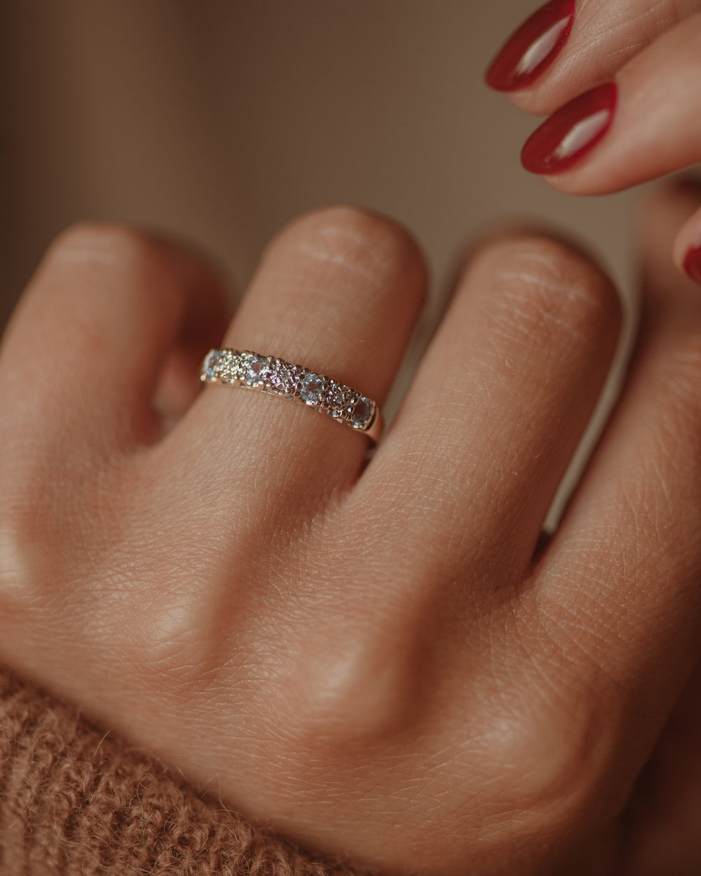 Carmen Vintage 9ct Gold Blue Topaz & Diamond Half Eternity Ring