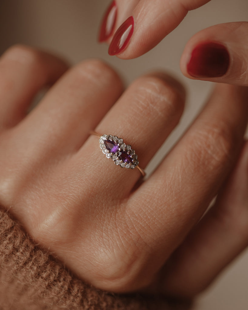 Dolores Vintage 9ct Gold Amethyst & Diamond Cluster Ring