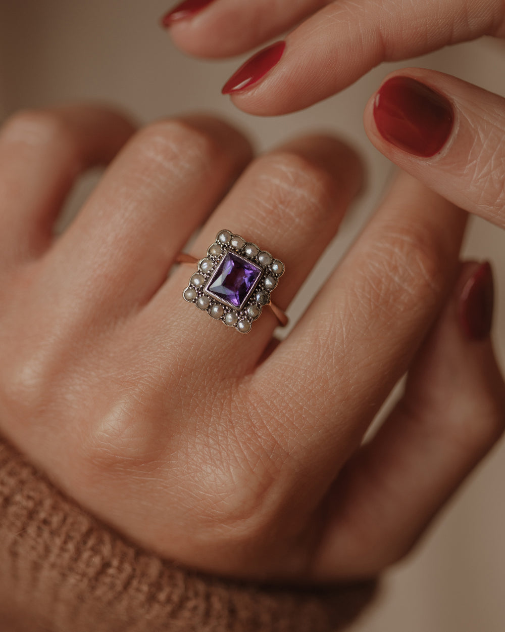 Ginny Vintage 9ct Gold Amethyst & Pearl Rectangular Cluster Ring