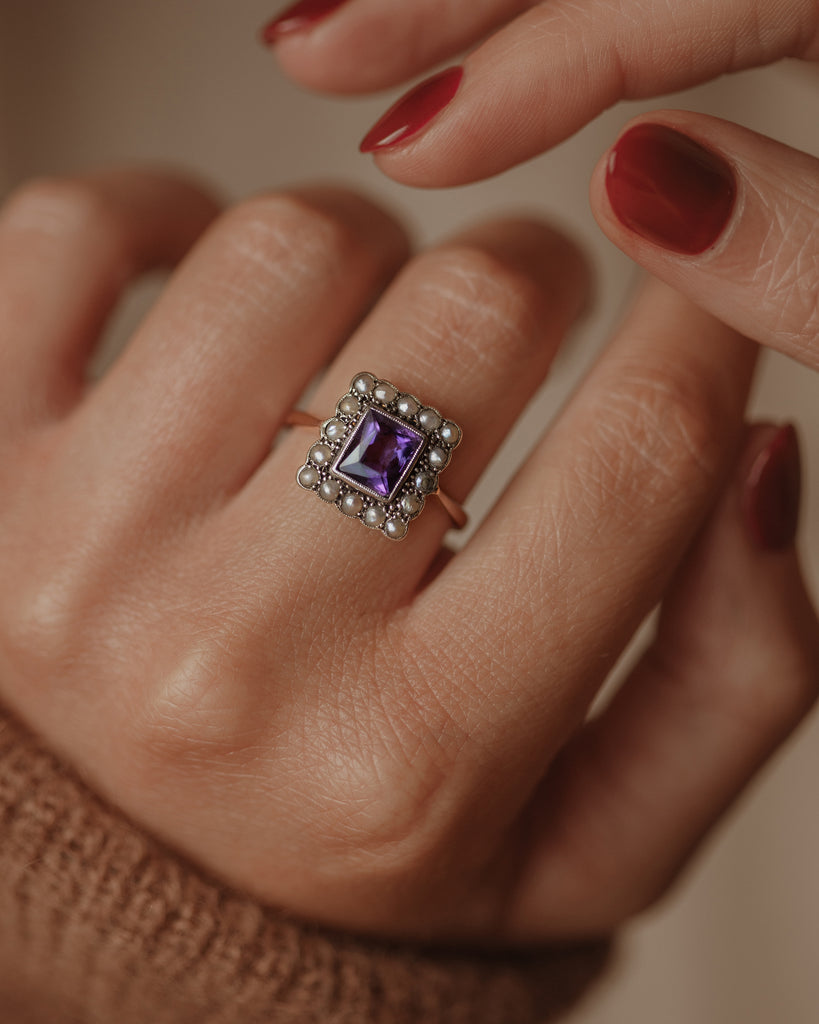 Ginny Vintage 9ct Gold Amethyst & Pearl Rectangular Cluster Ring