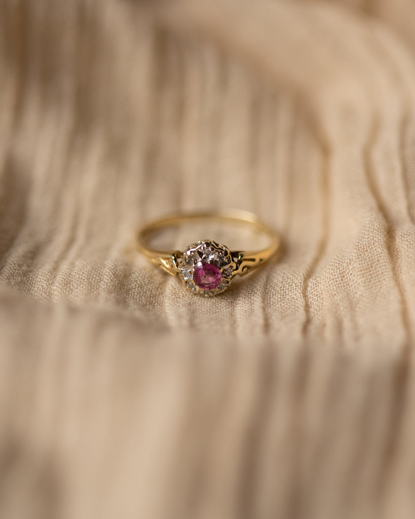 Helena 1985 Vintage 9ct Gold Ruby & Diamond Cluster Ring