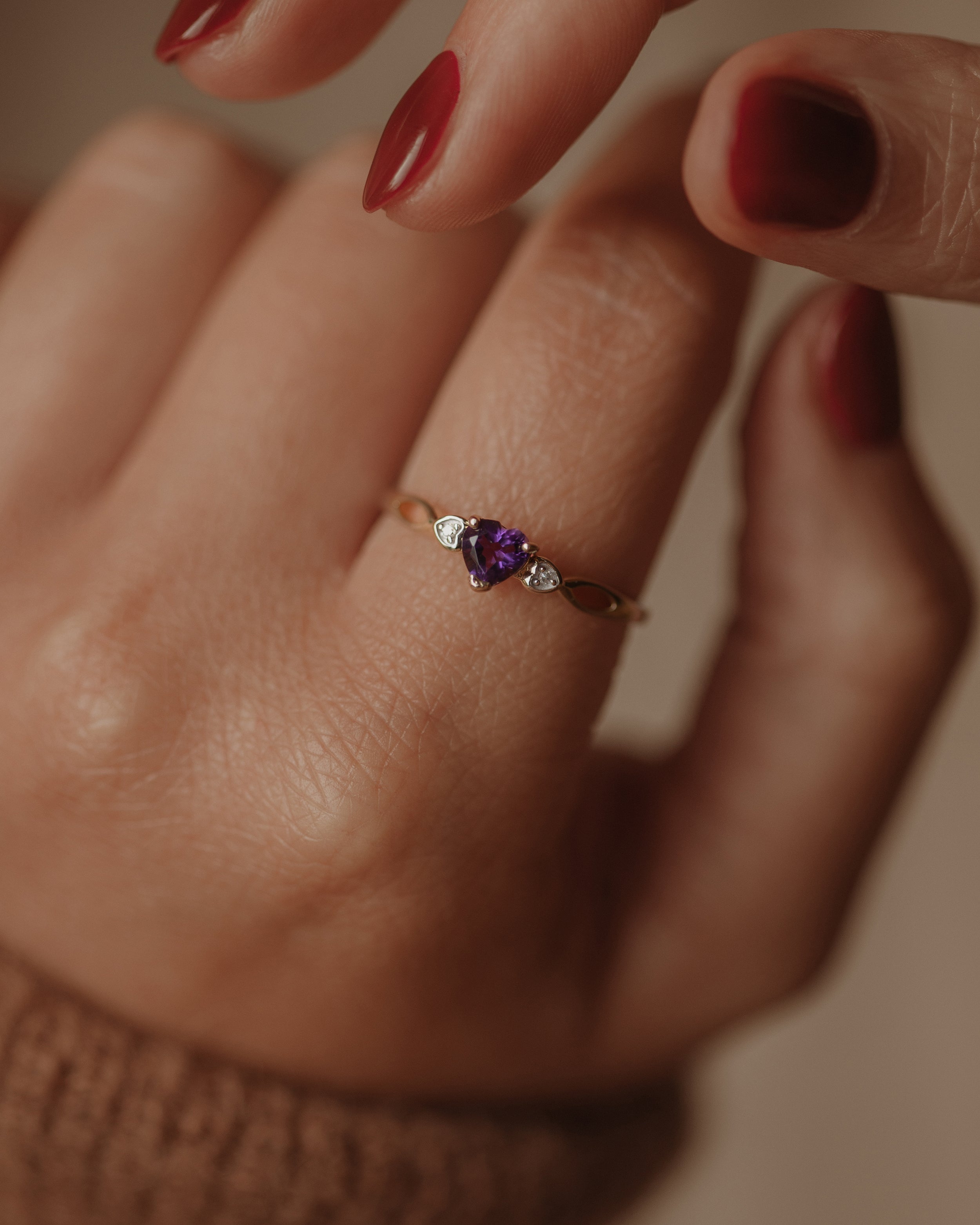 Image of Minnie Vintage 9ct Gold Heart-Shaped Amethyst & Diamond Ring