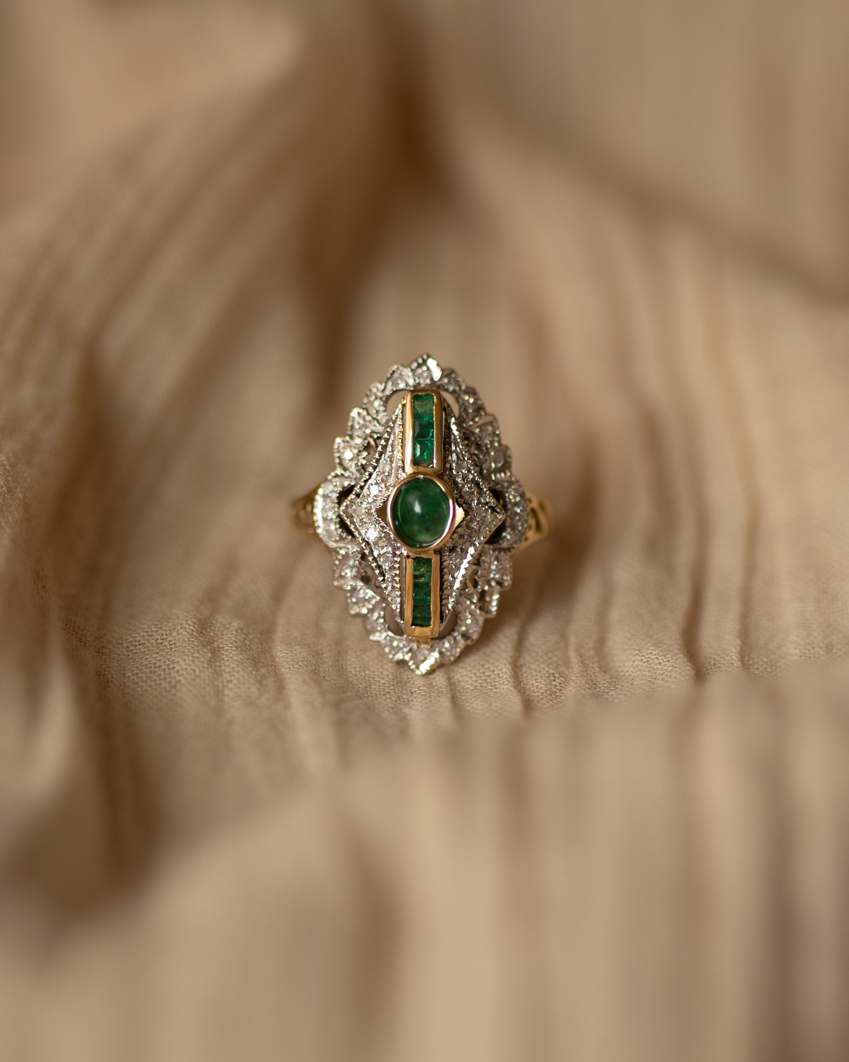 Image of Marina Vintage 14ct Gold Emerald & Diamond Navette Ring
