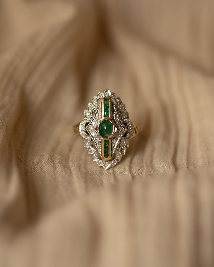 Marina Vintage 14ct Gold Emerald & Diamond Navette Ring