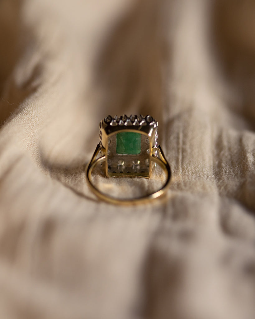 Josephine 1982 Vintage 18ct Gold Emerald & Diamond Rectangular Cluster Ring