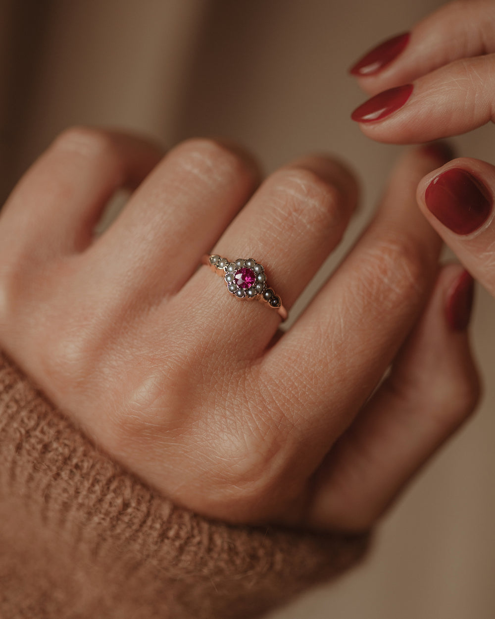 Alma 1897 Antique 9ct Gold Ruby & Pearl Cluster Ring