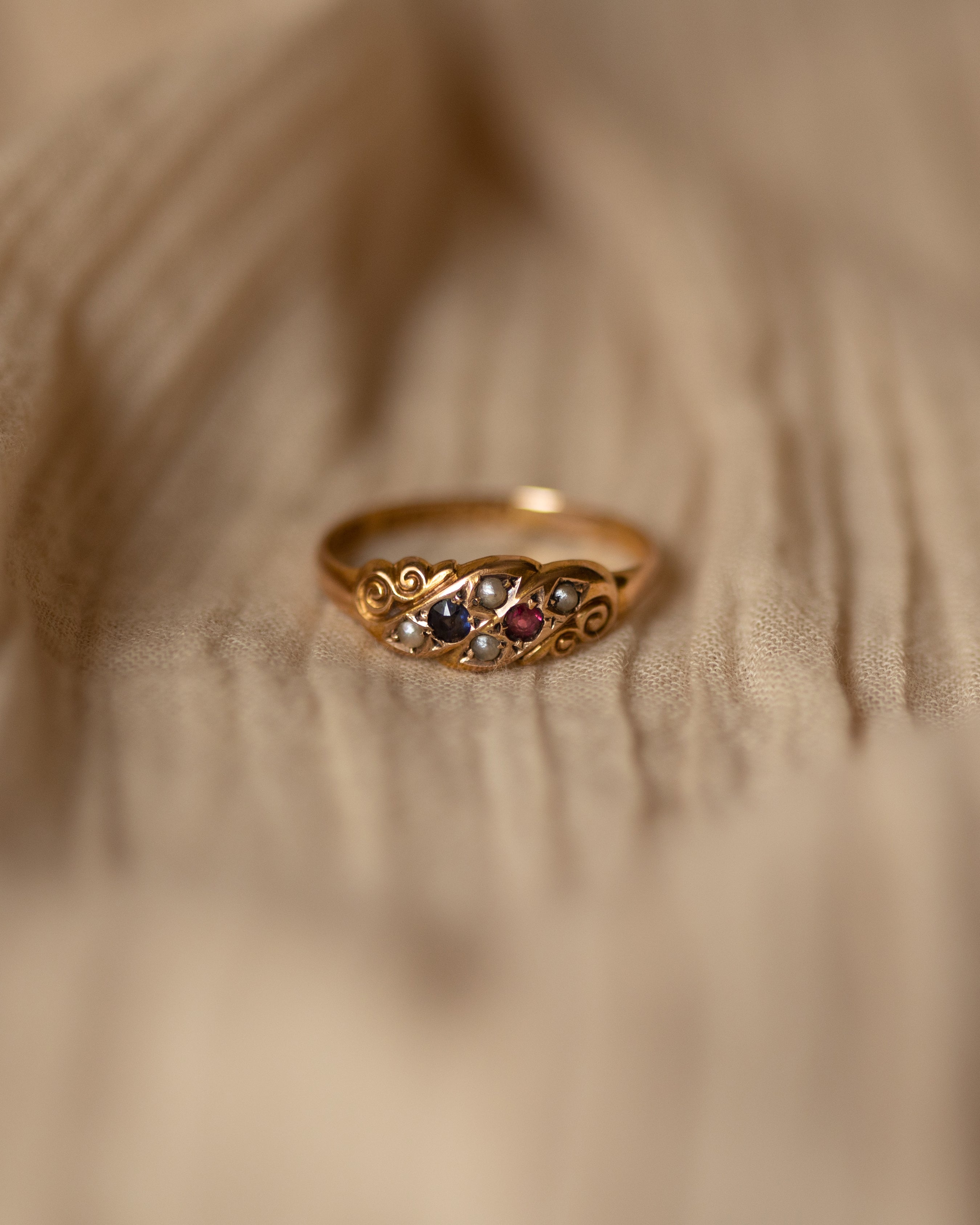 Image of Colette 1900 Victorian 15ct Gold Ruby, Sapphire & Pearl Ring
